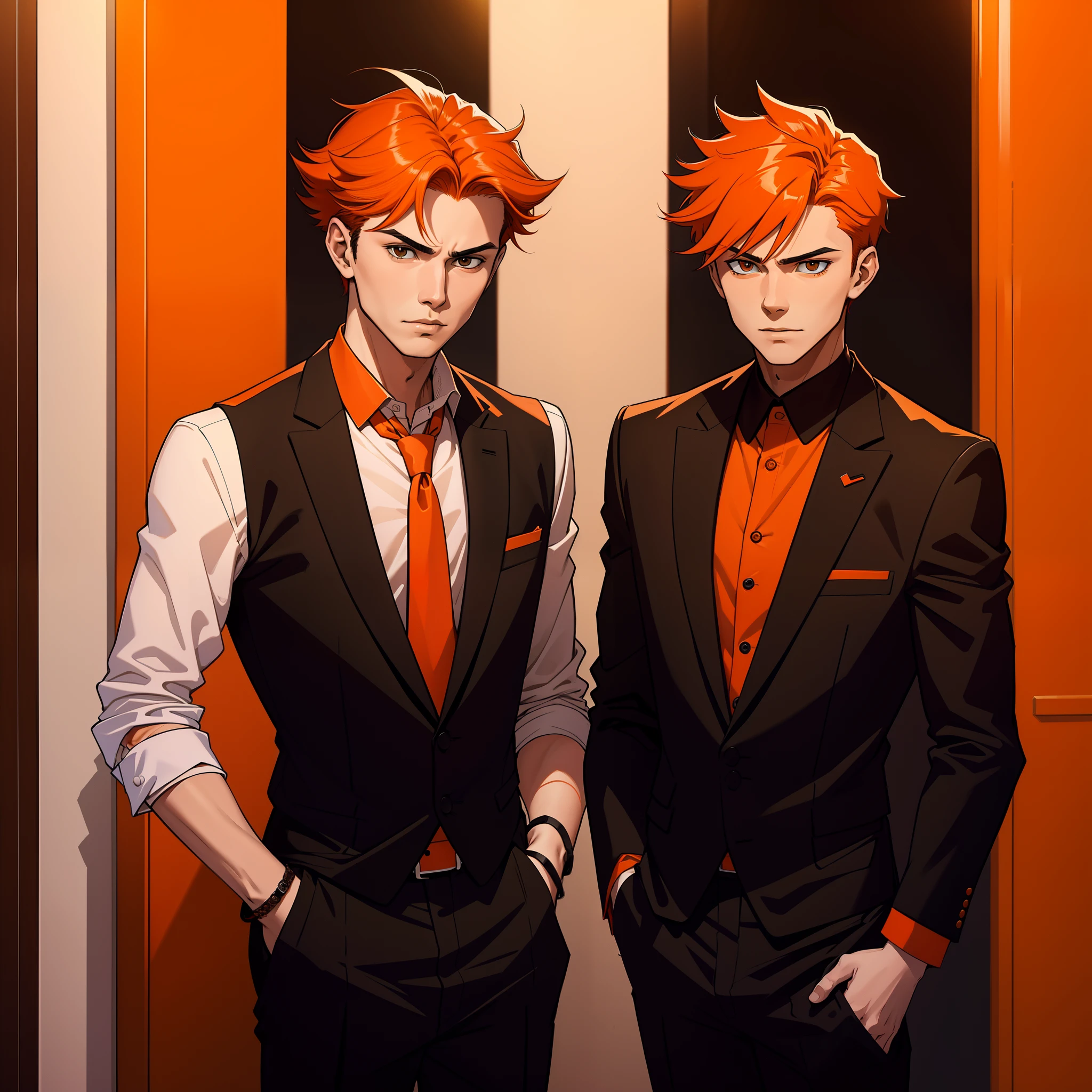 papa, Mom -yeld brers pose serious for photo orange hair smart clothes of orange and black ceda
