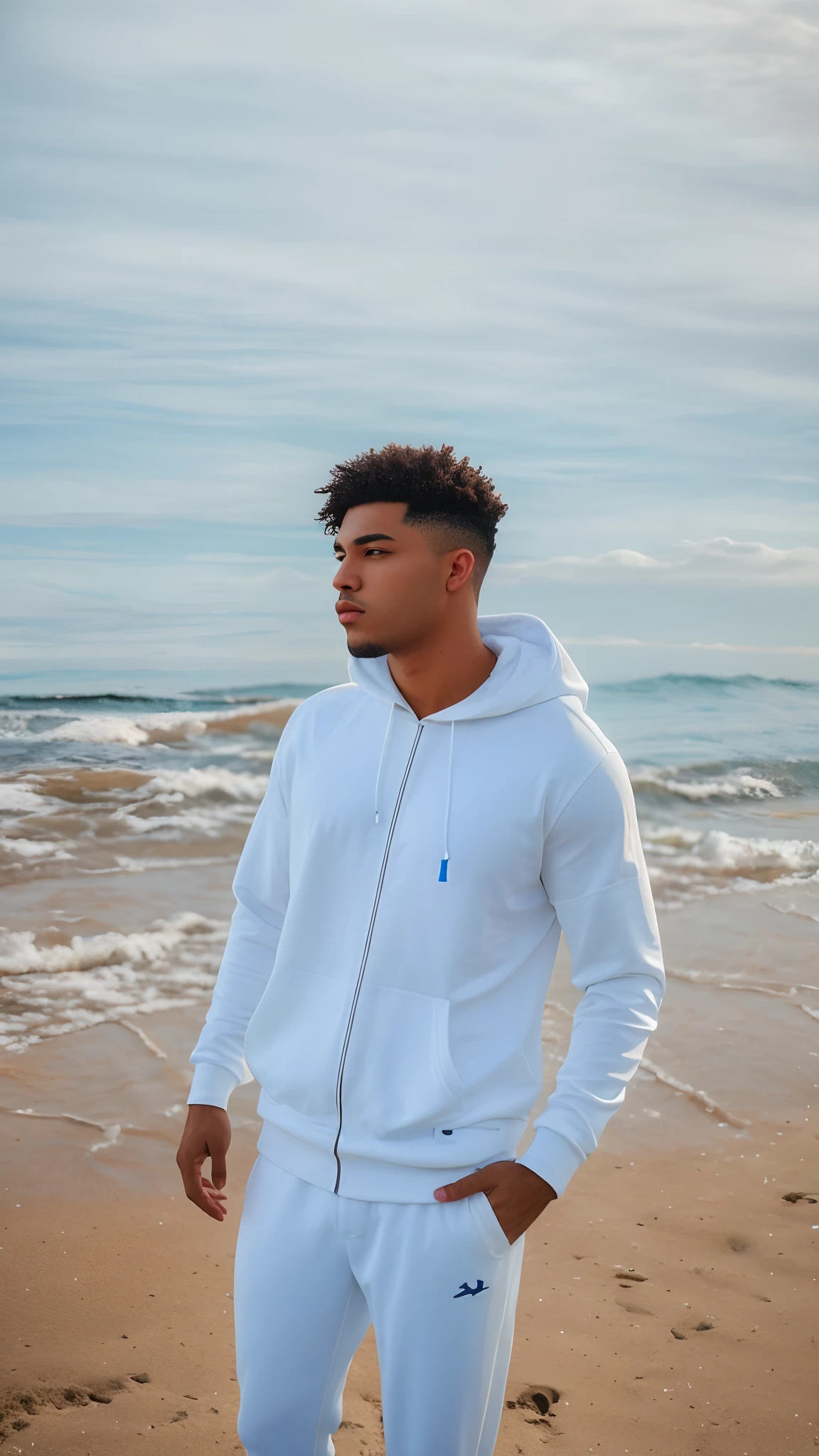 Man with white hood and blue pants standing on a beach, Foto do perfil, foto em estilo de Tyler Mitchell, Sem estilo Tyler Mitchell, Riyahd Cassiem, imagem de perfil, Coelho ruim, No estilo Jordan Grimmer, em uma praia, Album art, standing at the beach, na praia, Foto do perfil, brinco masculino da com uma cruz bem pequeno