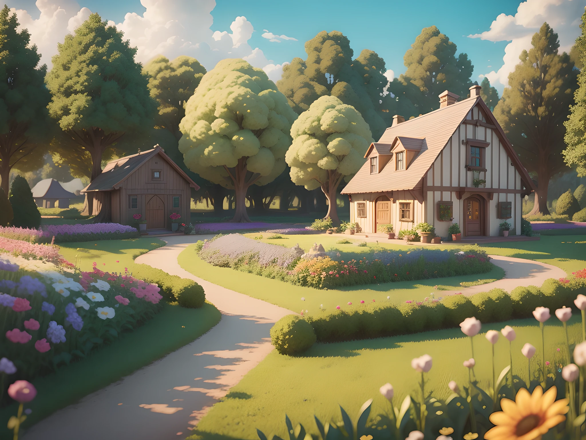 FairyTaleAI masterpiece, (((high quality))), Cute cartoon world, farm house, Flowers, vegetable garden, wheat field, Trees, Super cute, Superb lighting,  Ghibli studio style, Tilt-shift, 80mm lens, Large aperture, The best quality, 3d, Super detail --v6