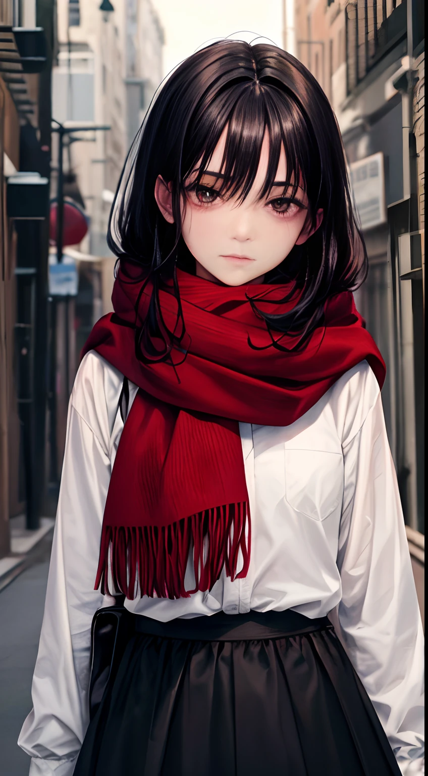 Dark black hair，Deep black eyes full of hollowness，The expression is slightly sad Red scarf，Beautiful and moving，Lonely and deep，mature