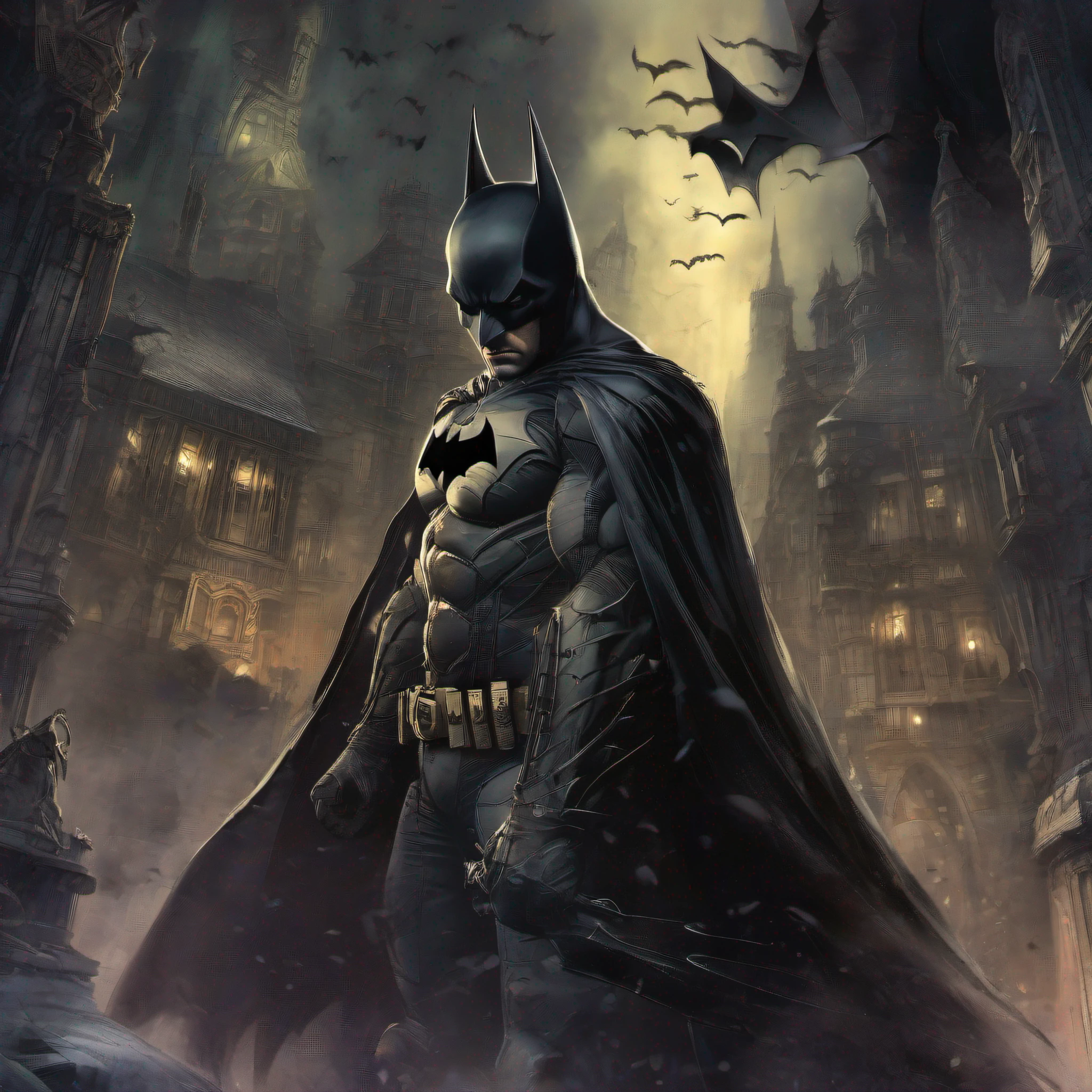 "Ultra qualidade, riqueza de detalhes, atmosfera sombria, Batman, Prince of Darkness, olhando pela janela, preocupado, pensativo, pressentindo o perigo, olhar perdido, ar sombrio, trevas, perigo, medo."
