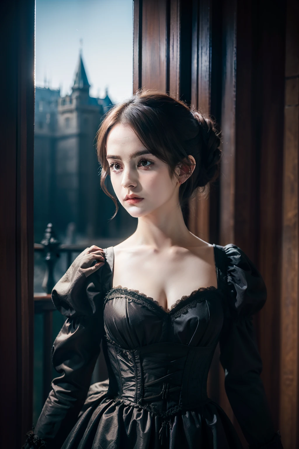Emma Watson, dressed in a Victorian-style gown, her hair in an elegant updo, facing off against Count Dracula in a dark castle.