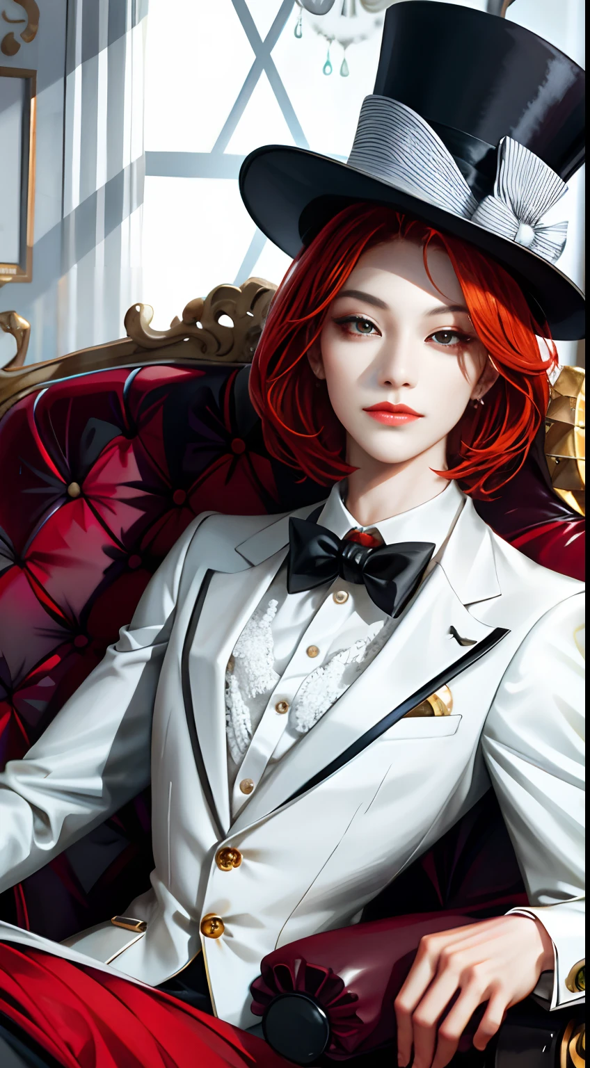 (hoang lap,A high resolution,ultra - detailed),1girll,独奏,baroque,Most detailed,The upper part of the body,pelo rojo corto,Onyx-like eyes,Good looking,Handsome girl,Manners are elegant,(Dress appropriately in a white suit,Wear a white top hat)
