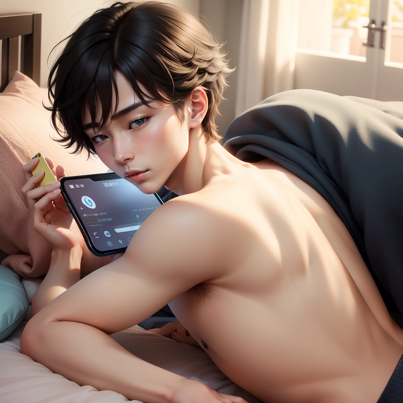A young man lies on a high bed,Playing with your phone intently。