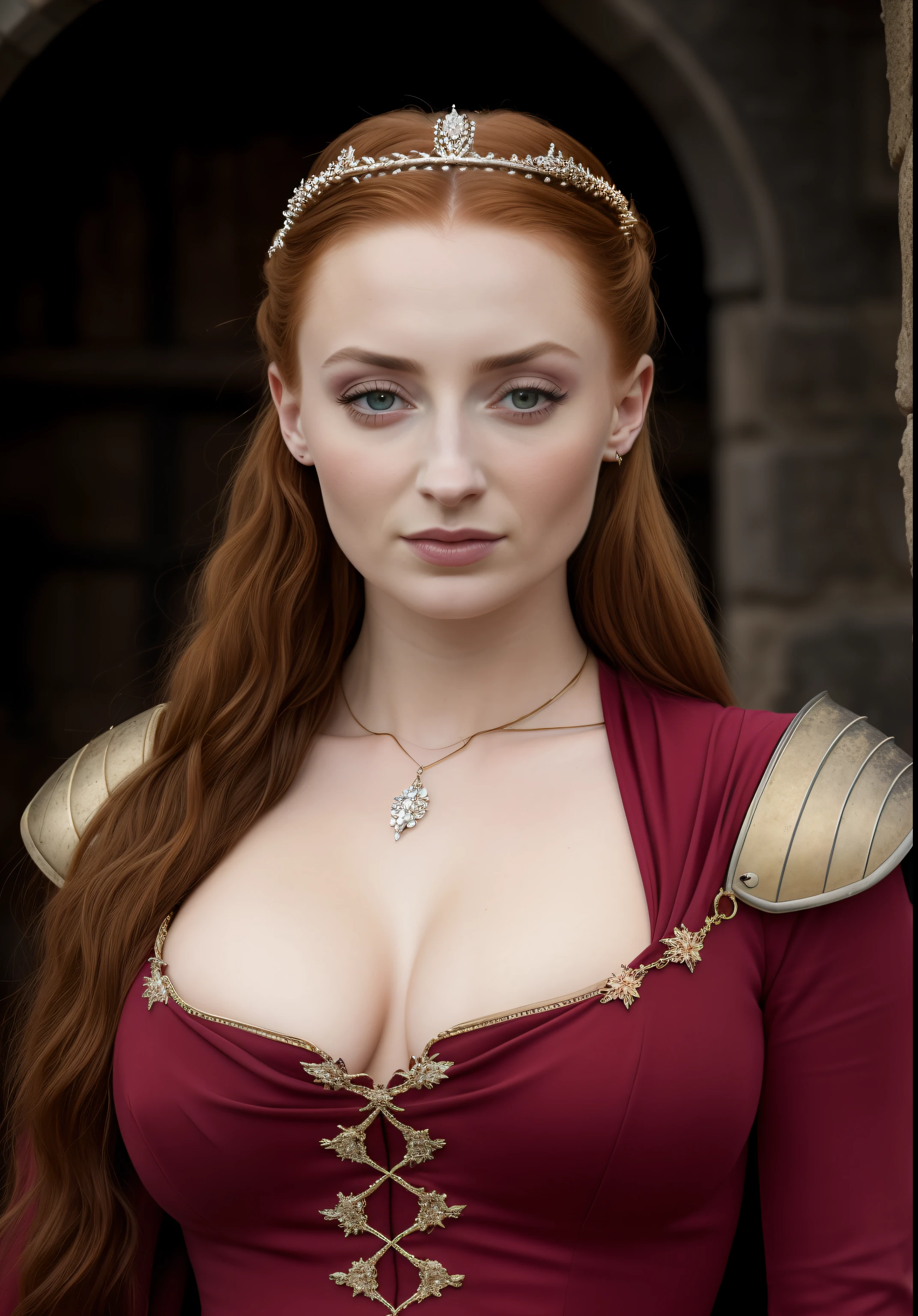 Masterpiece, Alayne Stone, Gorgeous Woman, Queen, queen lady, Lady of Winterfell, Wardeness of the North, and Sansa Stark, the de facto Lady of the Eyrie, 45 years Old, she is a Full growned mature lady now, beautiful mature lady, the queen, milf beauty, mature queen, Best quality, a small, perfectly visible mole on her breast, a captivating woman, fully ripen milf body, lustful queen, alluring appearance, unrivaled beauty, wonderful breasts, large breasts, mediaeval erotic costumes, a Game of Thrones-inspired costume, a close-up of a woman from the middle ages, sansa stark, sansa, resembles sophie turner, sophie turner, scene from "Game of Throne," deep cleavage, warrior princess, healthy body, perfect thick body, attractive figure, fleshy body, style of "Game of Throne," beautiful lady, beautiful woman, mediaeval clothes, stunning woman, 8K, insane details, dress made of clothes and jewelry, round face, perfect hair, styled hair, perfect hands, perfect fingers, perfect eyes