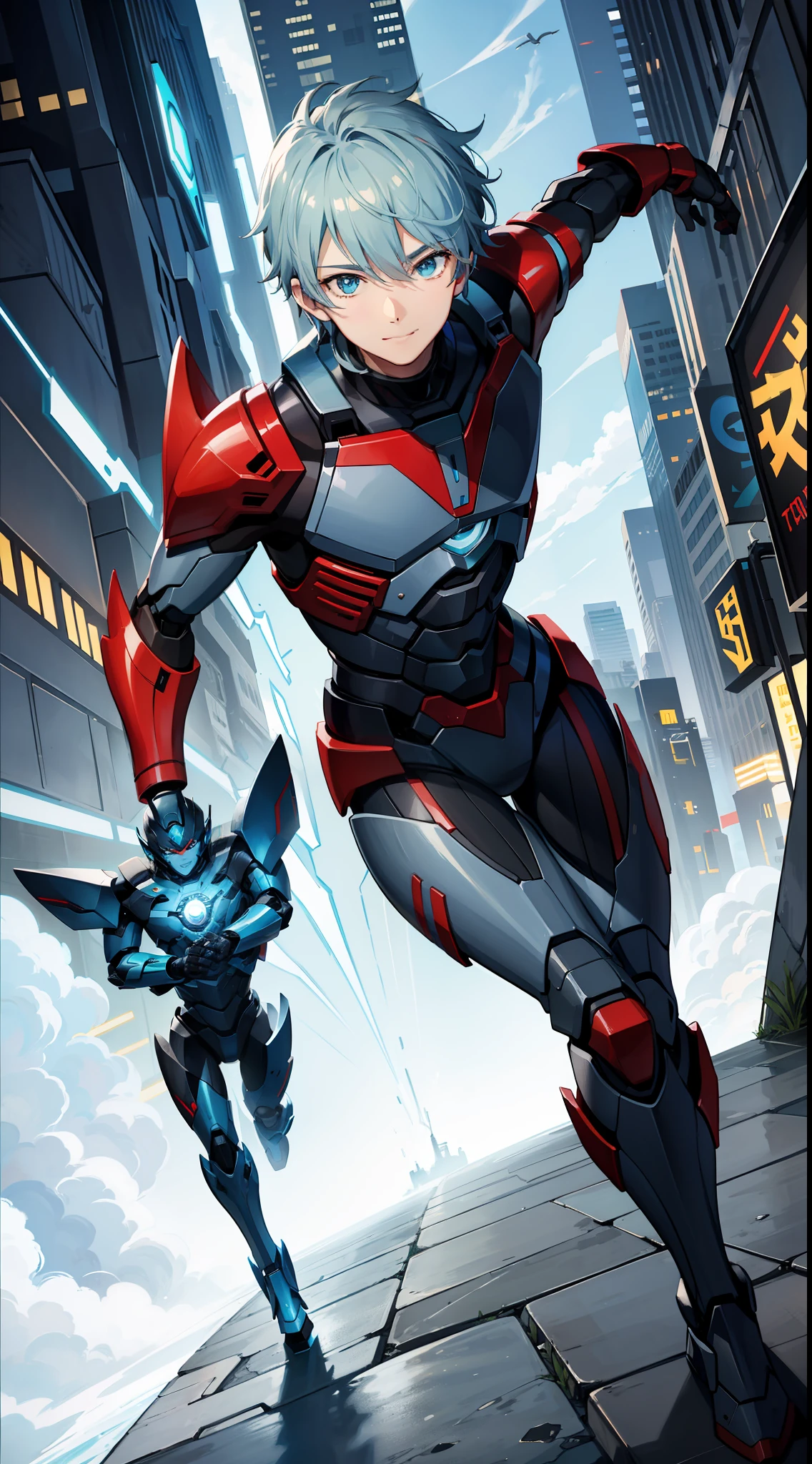 Young guy, short gray hair, Cyan eyes, Autobot's red armor, running, ssmile, Masterpiece, hiquality