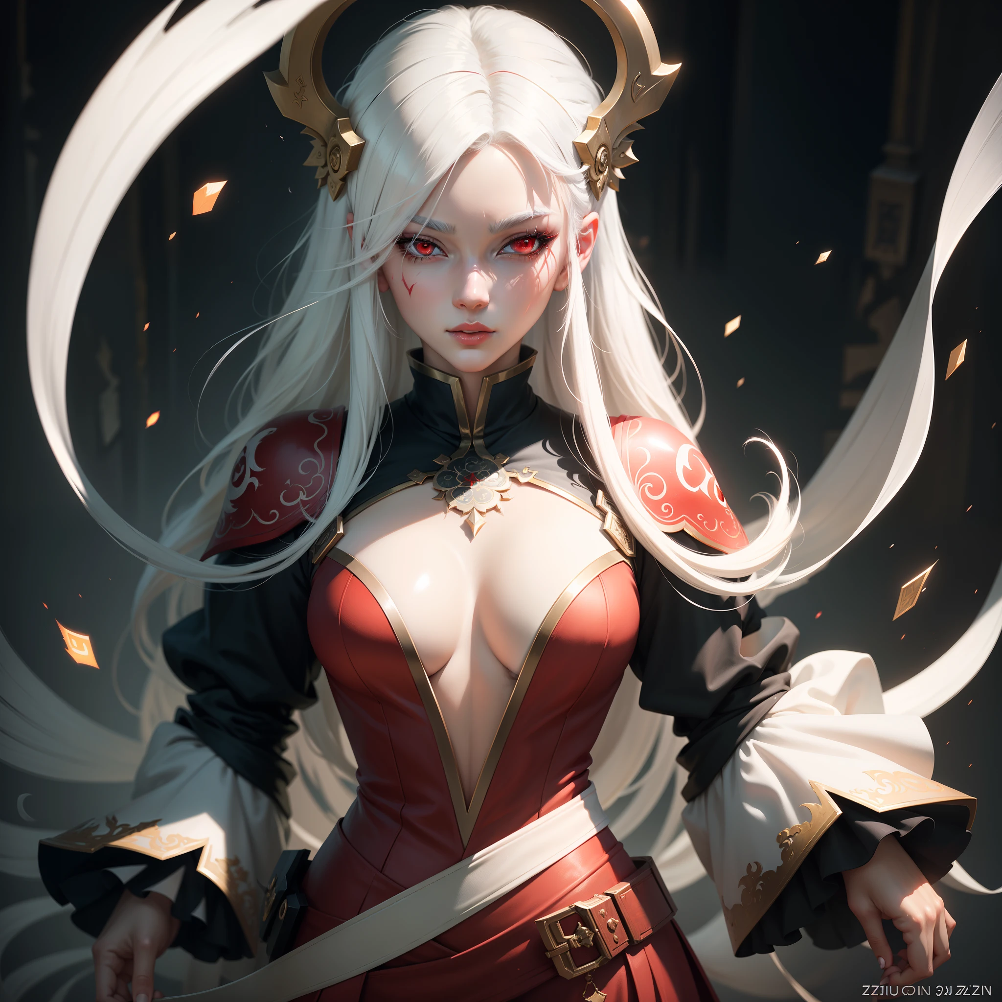 A white hair.Close up of woman with red eyes and white mask，Belle peinture de personnage，Guviz，Guviz-style artwork，white-haired god，Yang J，Epic and beautiful character art，Stunning character art，FAN Qi，