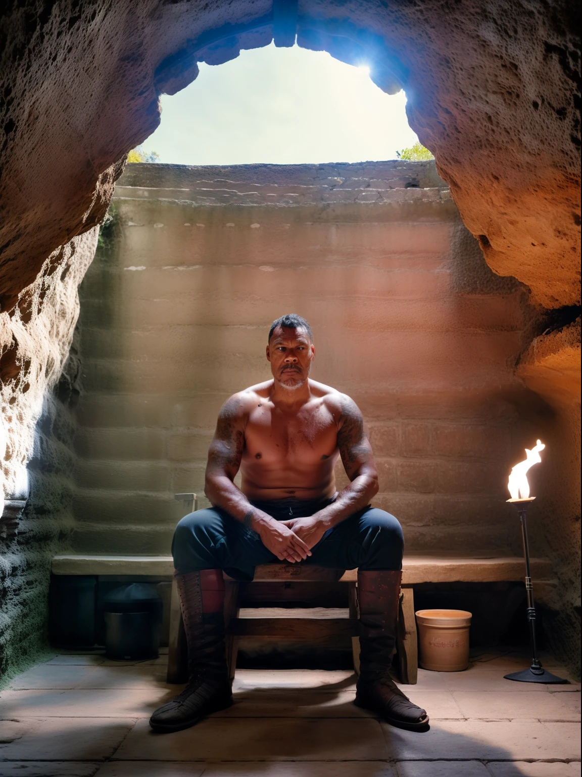 guttonervision8, RAW photo, a medieval warrior sitting facing the viewer on a rustic wooden throne, ((wearing his typical warrior attire soiled with blood)), Male pose of a warrior. Scenery of a cave with a dark background, lit by torches on the stone walls. 105mm Professional Photography, ogue Photography, Vintage Style, Dark Theme, (Highly Detailed Skin:1.2), 8k UHD, DSLR, Soft Lighting, High Quality, Film Grain, Fujifilm XT3
