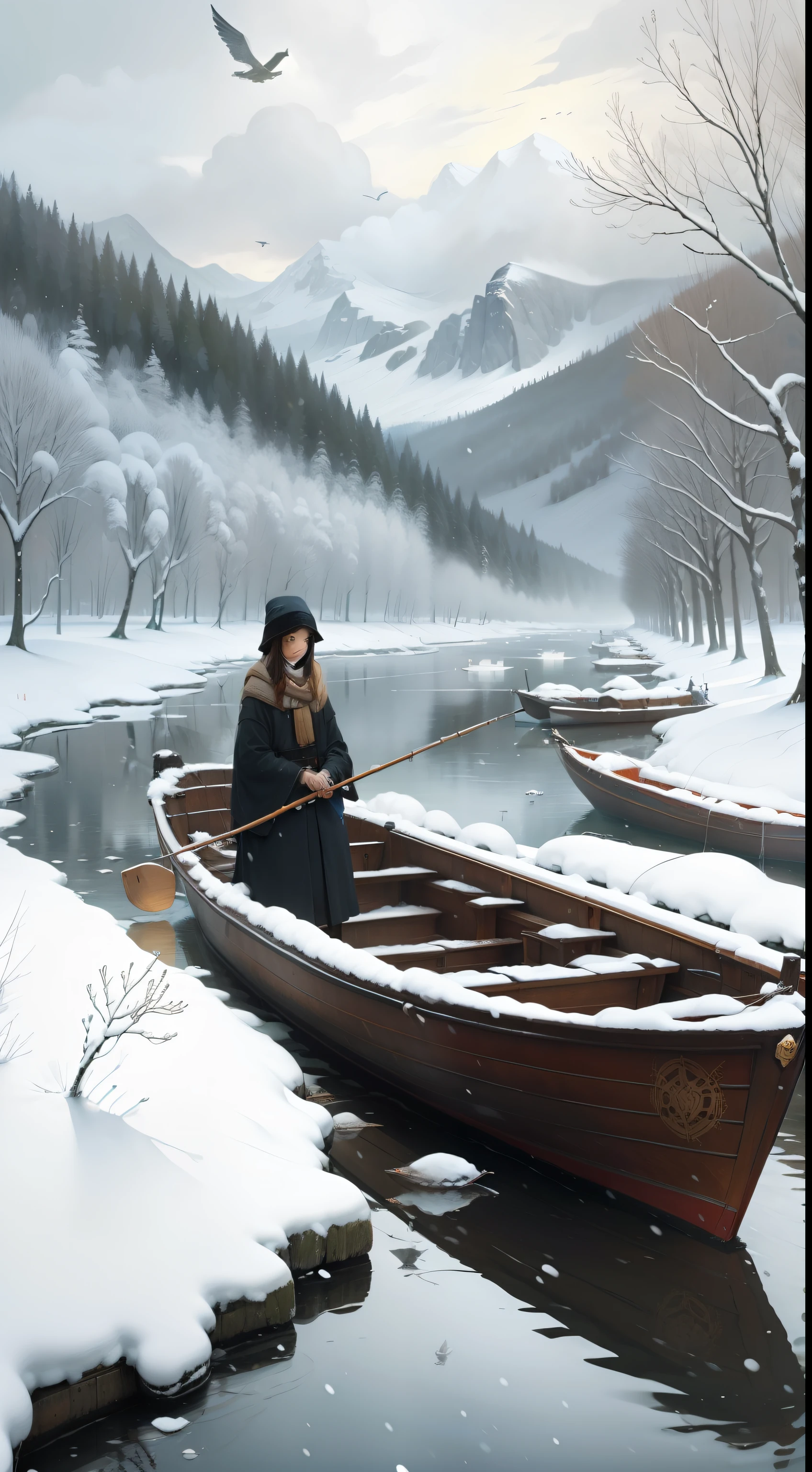 A thousand birds fly,Ten thousand paths disappeared,Lonely boats,Fishing alone in the cold river snow,Klimt painting style