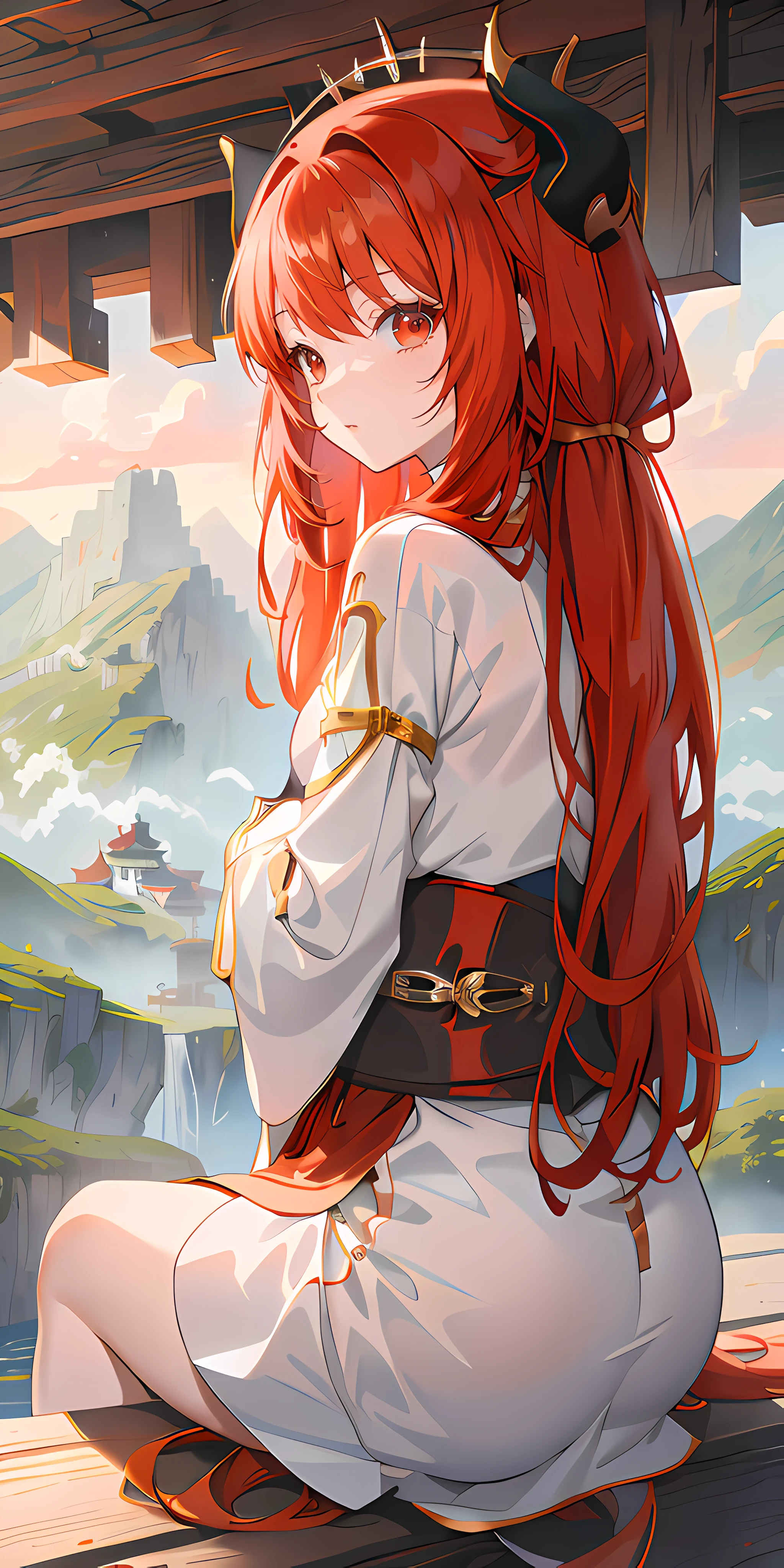 anime girl with red hair sitting on a wooden platform looking out over a mountain range, red waist-long hair, 4 k manga wallpaper, anime girl with long hair, rias gremory, flowing hair and long robes, with red hair, clean detailed anime art, anime art wallpaper 8 k, anime art wallpaper 4 k, anime art wallpaper 4k, without horn