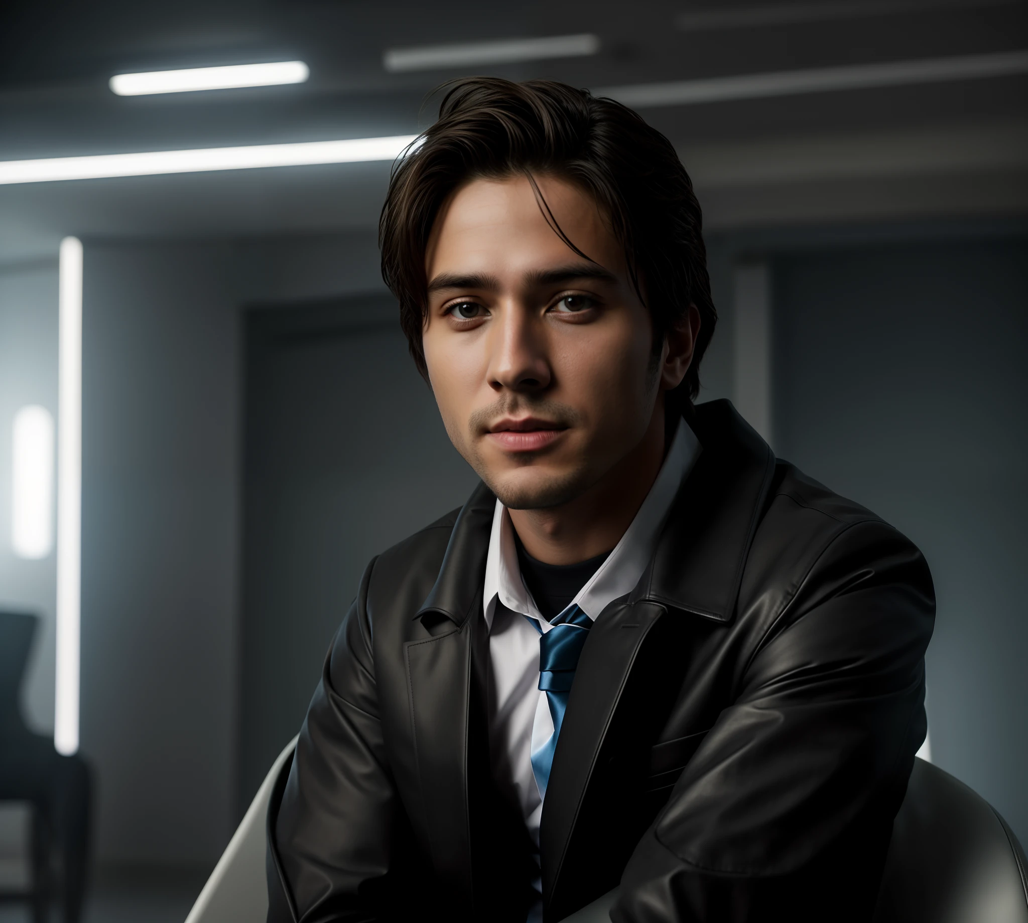 "(1 boy) sitting in a chair with a tie on, change background, cyberpunk, handsome, realistic face, ultrarealistic 8k."