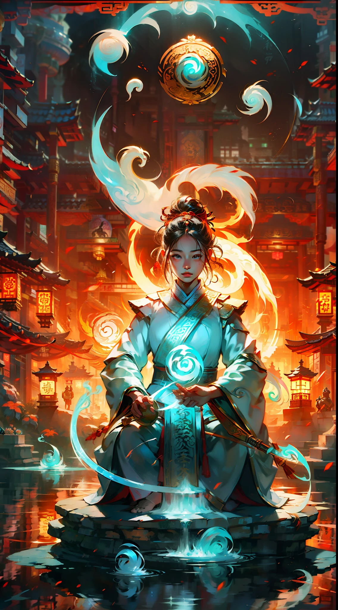 tmasterpiece,(and harmonious、balancing、yin yang)、Chinese silk painting、Tai Chi principle、Smooth movement、Interrelated elements、Interaction of contrasting forces、Taoist philosophy、The touch of the I Ching、Cool and warm tones、Reflective art、Inspired by Lao Tzu、Zhuangzi、Yin-Yang diagram、Taijitu、Gossip diagram、Flesh and soul are one、1girll、独奏、Grip、Daoism、Invoke Magic、电影灯光、Fire splits with ice、Gossip background、Round gossip、Yiyang,Taoist practice,Meditation sitting,Buddha sitting,Spiralosaurus,Top Cloud Dragon,1girll,florals,Dark sky,Faraway view
