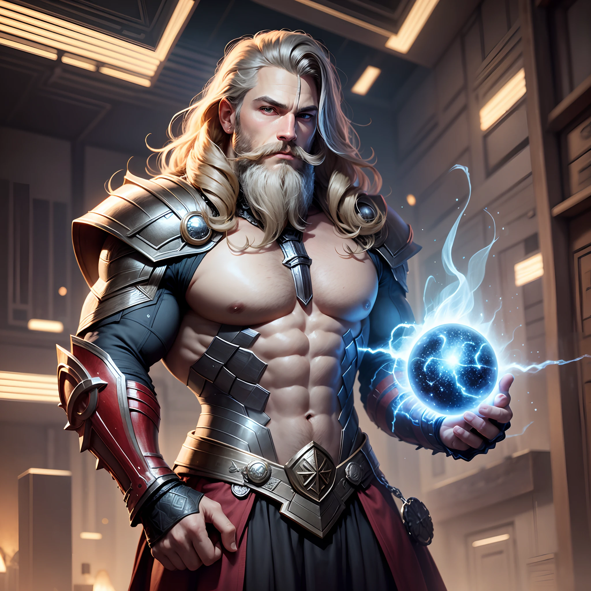 a magic with full beard Thor with a black and grey armor magic building something in galaxy energy trough his body photorealistic --auto --s2