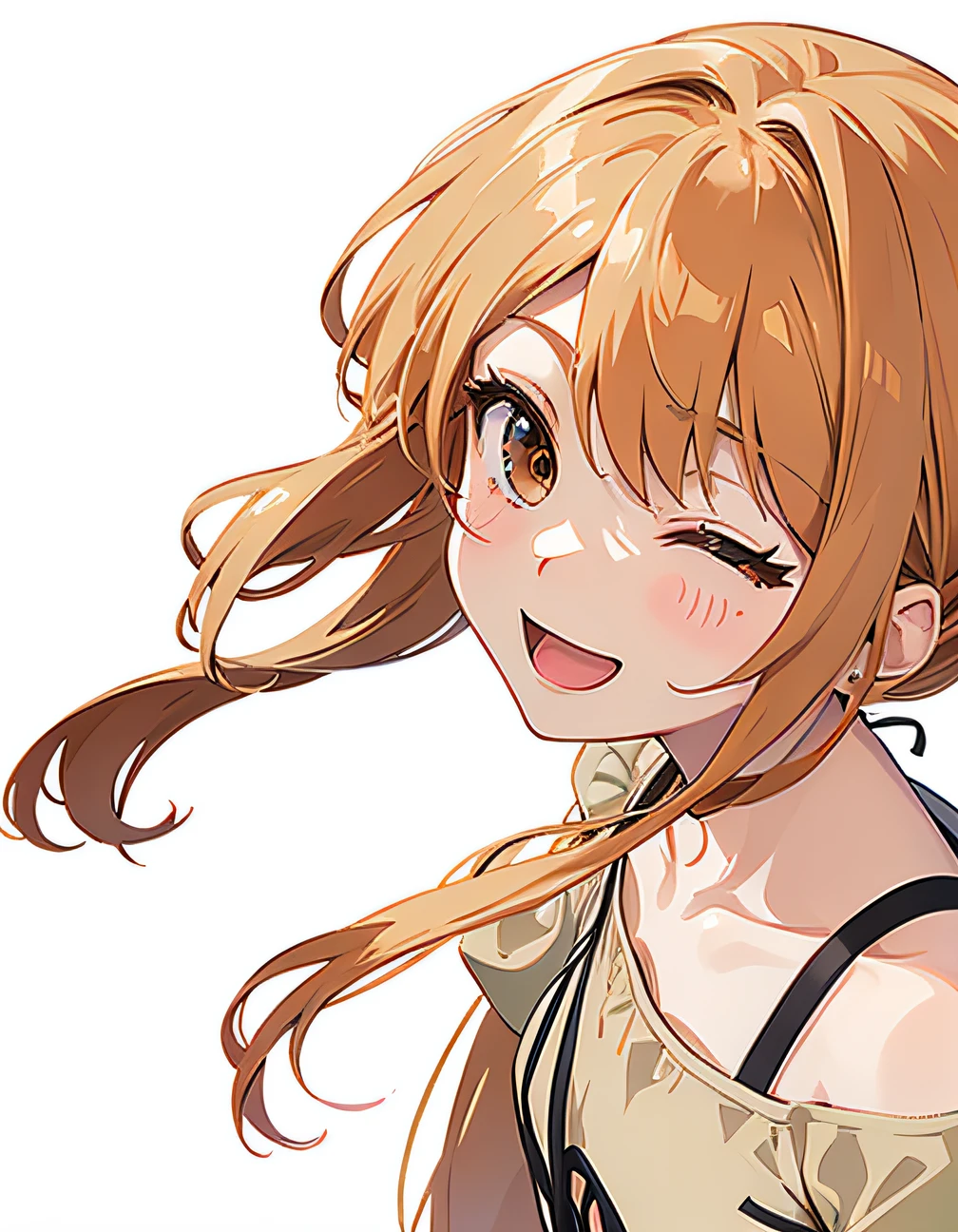 There is a drawing of a girl with long hair and a brown dress,Young features,Bright smile,winking,Fashion shoulder to shoulder, painted in anime painter studio, sketchy artstyle, made with anime painter studio, Flat anime style shading, cute anime face, anime style portrait, colored sketch, subtle anime style, In an anime style, cute natural anime face, Portrait of an anime girl, anime moe art style, face anime portrait
