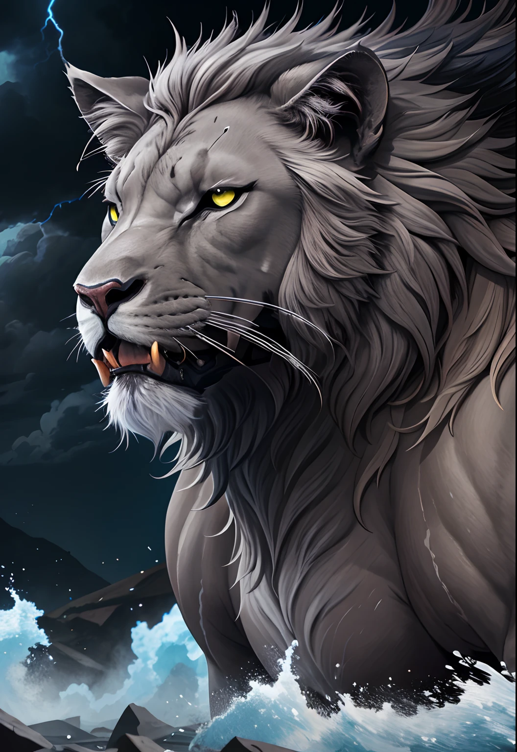 Legendary roaring lion with multiple heads great Giant thunder storm