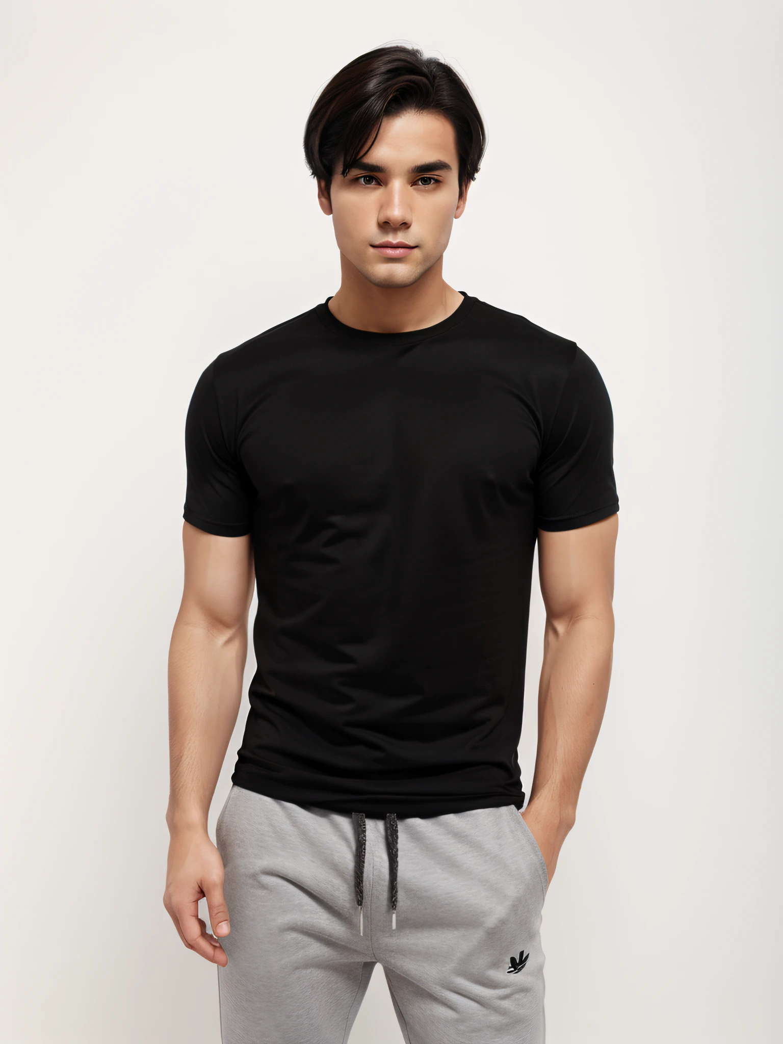 Strong brunette man wearing black t-shirt, hip hop style, with black hair, trendy pose, realistic image, white background, no background, full body image