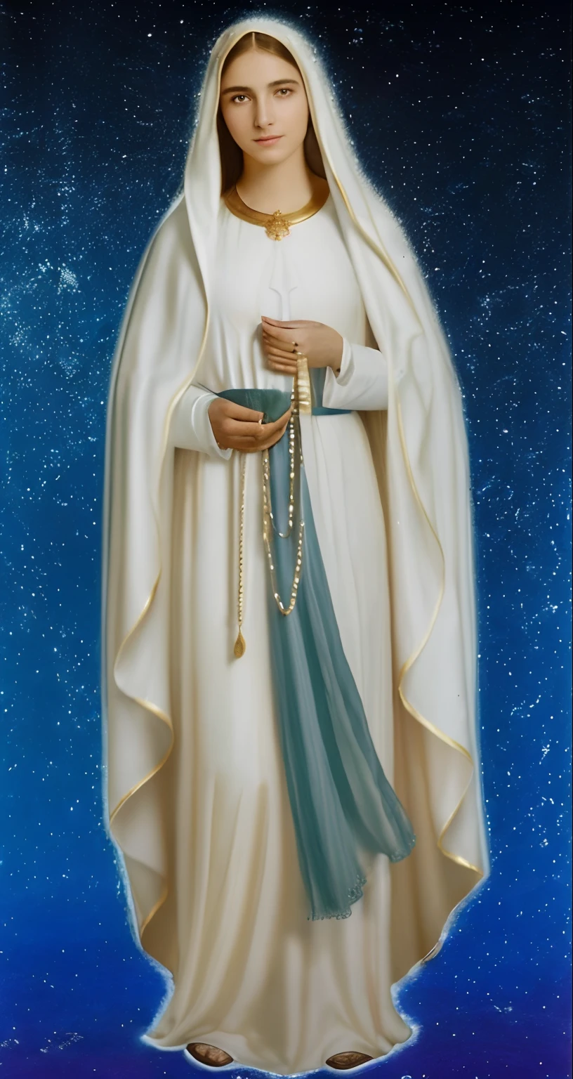 (((Saint Virgin Mary. 19 years old))) ((( Con una cara seria y piadosa. Con una mirada dulce y tierna))) (obra maestra, calidad superior, mejor calidad, arte oficial, beautiful and aesthetic: 1.2), (1girl), extremadamente detallado, (Arte fractal: 1.3), colorido, highest detailed, Cara perfecta, parte superior del cuerpo, HDR, (orando: 1.3), (golden lines of white coat: 1.2), galaxia, (rayas de luz), eye-catching visuals, (dynamic stripes, senderos luminosos: 1.2), colores vibrantes,