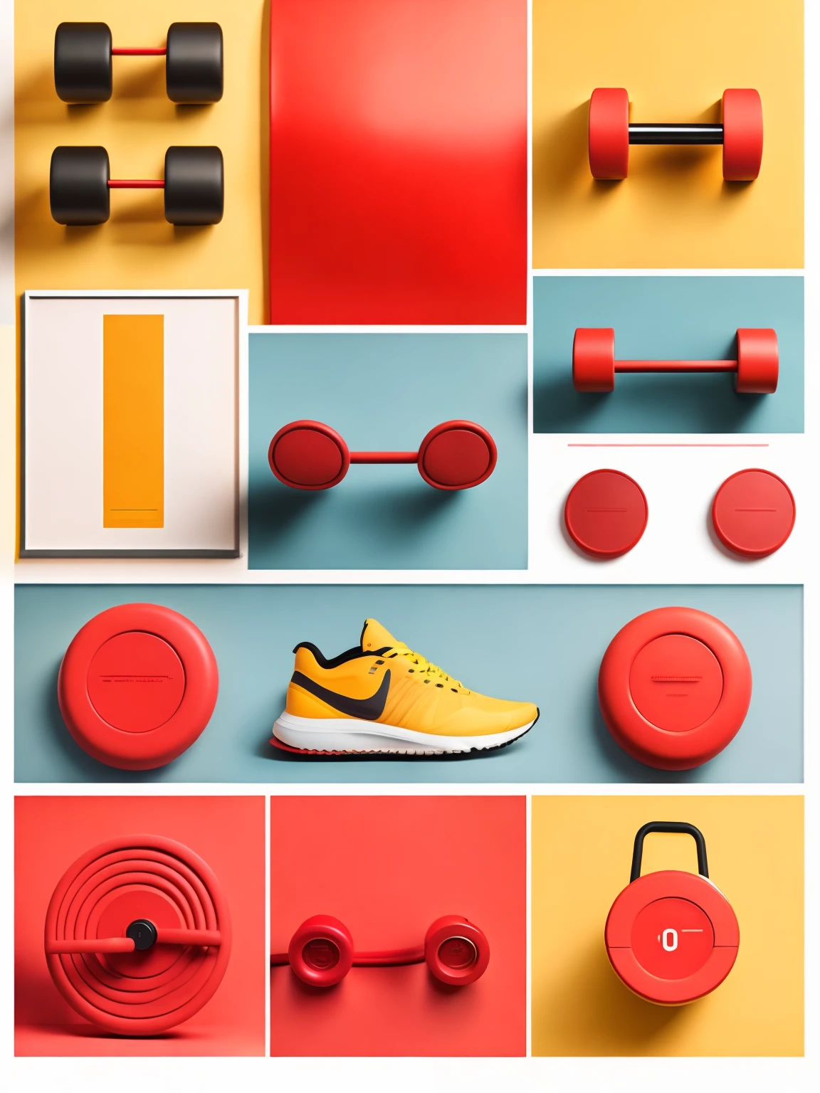 A collage of gym equipment with inspiring elements for exercising. Warm colors in shades of red and yellow in a modern and comfortable environment. The collage should convey this inspiration to everyone working out, generating a state of happiness in their mindset.