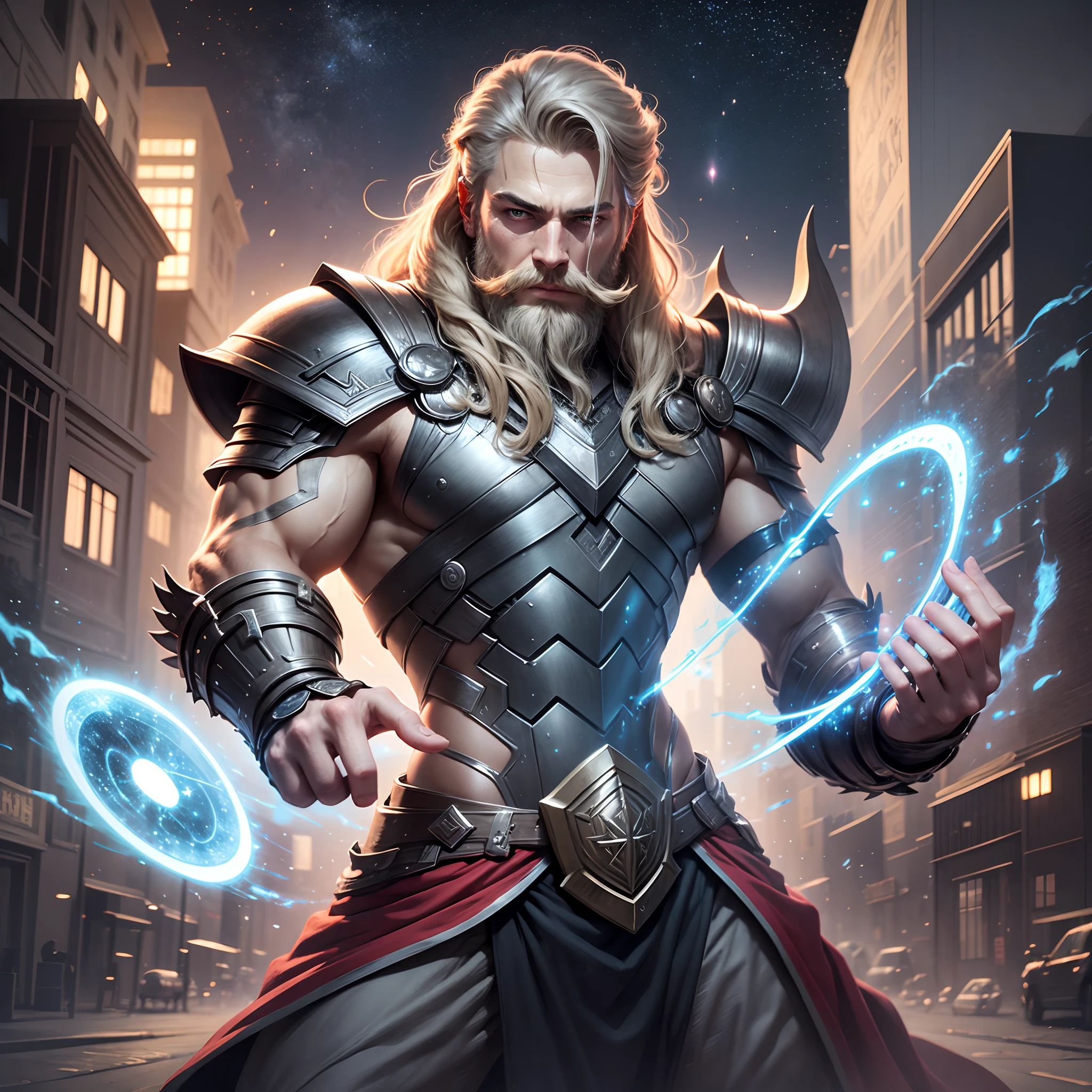 a magic with full beard Thor with a black and grey armor magic building something in galaxy energy trough his body photorealistic --auto --s2