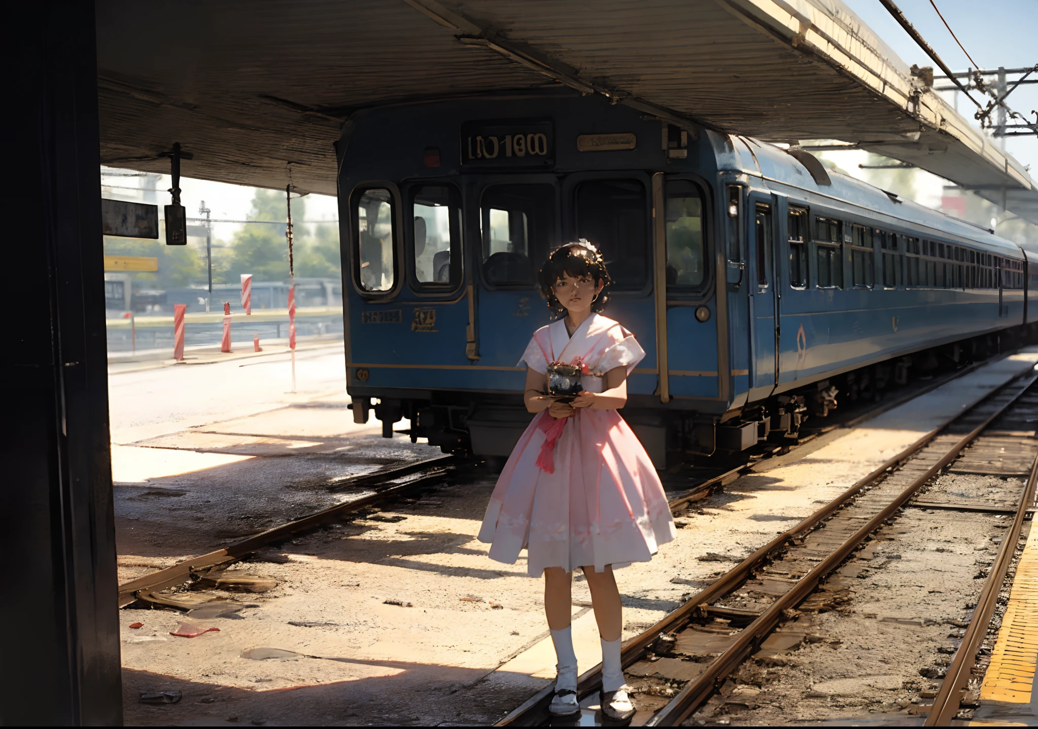 Photos from the 1990s、Fuji Film、championship、​masterpiece、A woman in a pink dress is standing beside a train, Train, alexey egorov, Shot on Ektachrome film, Lonely girl waiting for train, Award-winning color photo, kodakchrome : : 8 K, Cistil 800T 50mm Eastman Color, still from live action movie, japan 1980s