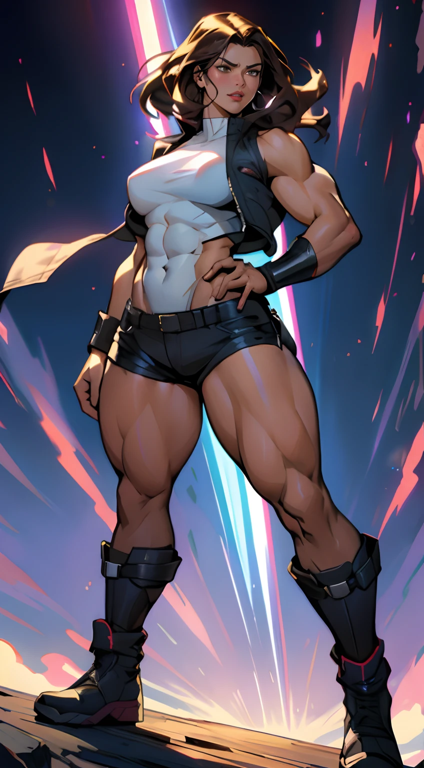 35-year-old woman, (masterpiece), (Best Illustration), high resolution, (muscular thighs: 1.6), (Gigantic Breasts: 1.0), (hanging breasts: 1.5), (wide hips: 1.3), (((no abs))), chubby tummy, soft belly, no pants, cut-off shorts, sleeveless jacket, leotard, boots, bare shoulders, hip dips, long and straight brown Hair, face like Psylocke from X-Men, dark skinned, dynamic angle, vibrant colors, glowing effect, volumetric light, dark background, simple background