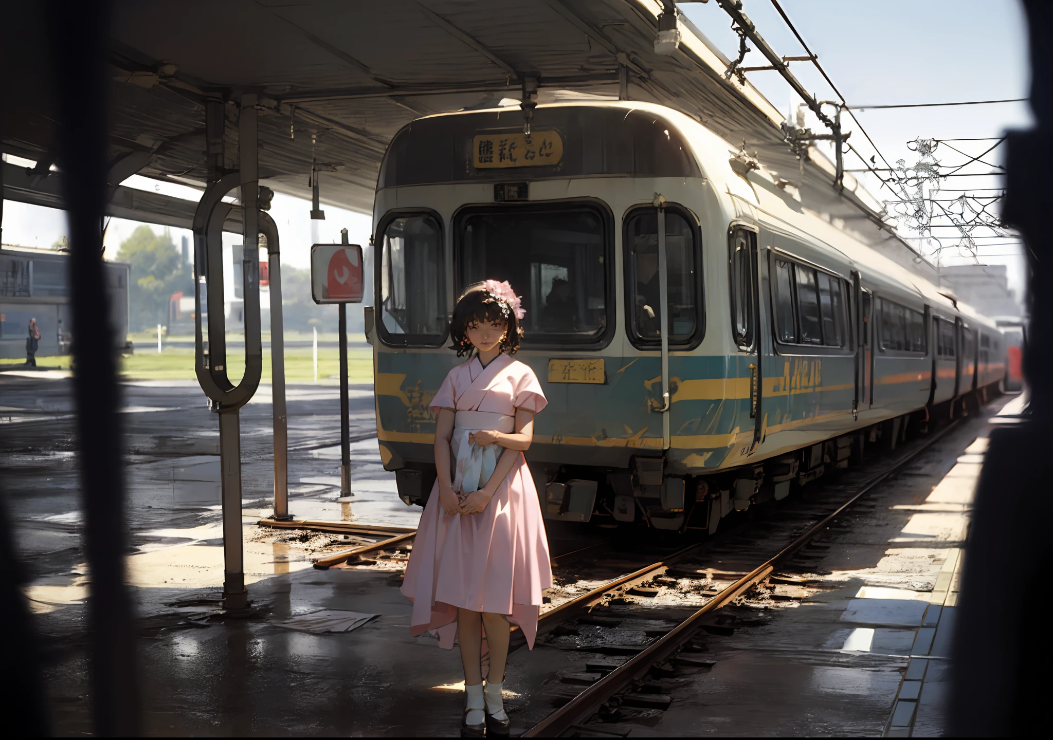 Photos from the 1990s、Fuji Film、championship、​masterpiece、A woman in a pink dress is standing beside a train, Train, alexey egorov, Shot on Ektachrome film, Lonely girl waiting for train, Award-winning color photo, kodakchrome : : 8 K, Cistil 800T 50mm Eastman Color, still from live action movie, japan 1980s