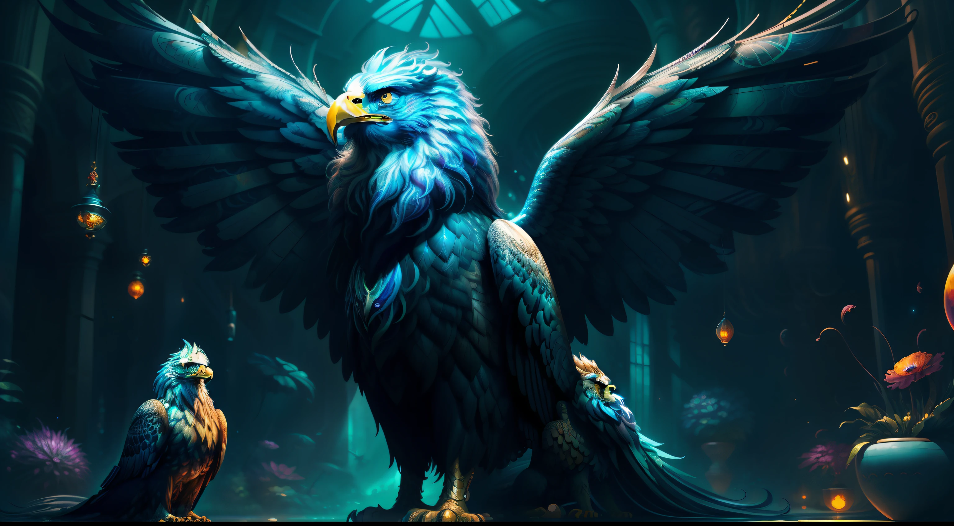 Best quality, masterpiece, super high resolution, no human, an adult griffon in a futuristic cyberpunk garden, enchanting, high detail, (eagle face), (lion body), (large wings), looking at camera, masterpiece (realistic texture: 1.2), (realistic details: 1.2), (realistic details: 1.2), ([front | side]:1.1), HDR, ultra-refined 3D modeling, as magical as the style paintings painted by Tim Burton, Dale Chihuly, Xiaolongcheng, Cyril Rolando and other authors such as Jr. Gigue. Shadows and lighting intertwine to create brilliant effects.