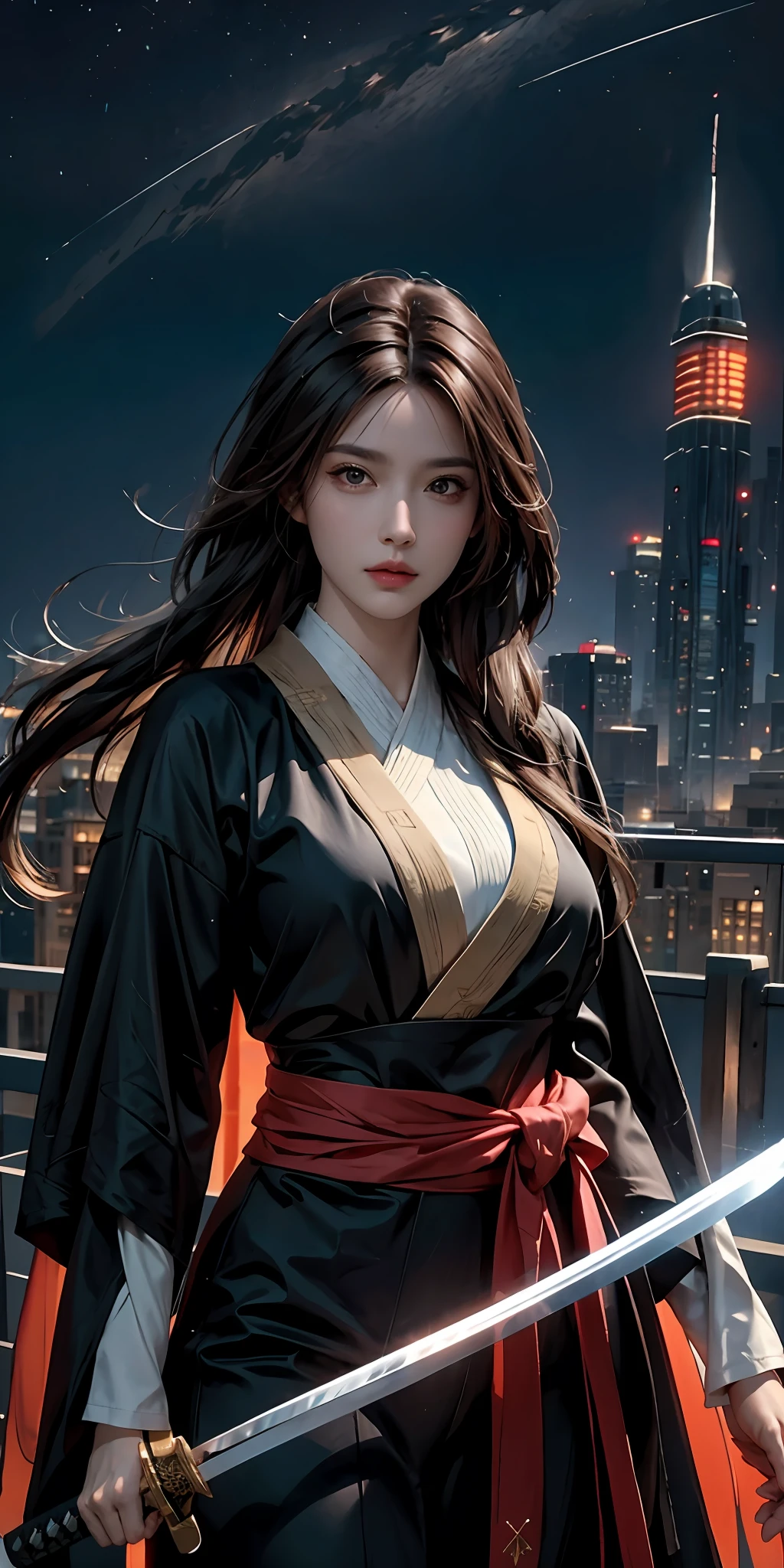 photorealistic, high resolution, soft light,1women, solo, hips up, (detailed face),  long hair, cybersamurai,holding weapon,holding sword,glowing,katana, city at night