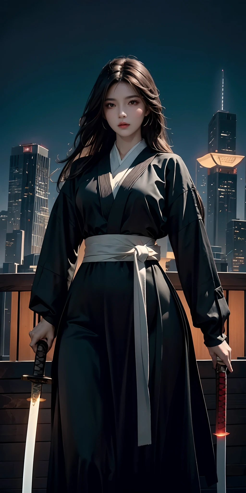 photorealistic, high resolution, soft light,1women, solo, hips up, (detailed face), long hair, cybersamurai,holding weapon,holding sword,glowing,katana, city at night