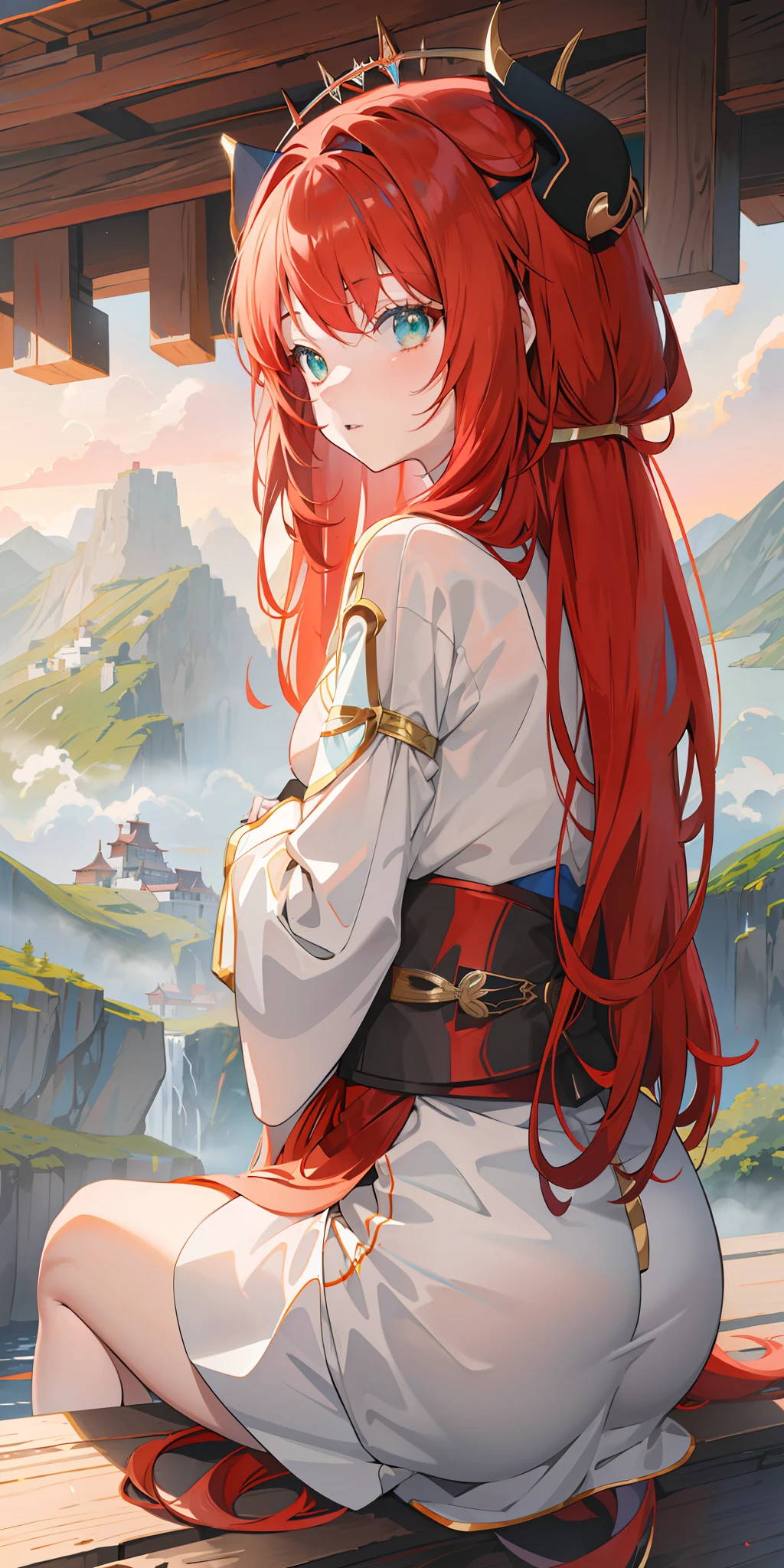 anime girl with red hair sitting on a wooden platform looking out over a mountain range, red waist-long hair, 4 k manga wallpaper, anime girl with long hair, rias gremory, flowing hair and long robes, with red hair, clean detailed anime art, anime art wallpaper 8 k, anime art wallpaper 4 k, anime art wallpaper 4k, hairband, blue bowtie, light, green eyes, hair ornament, hairband,