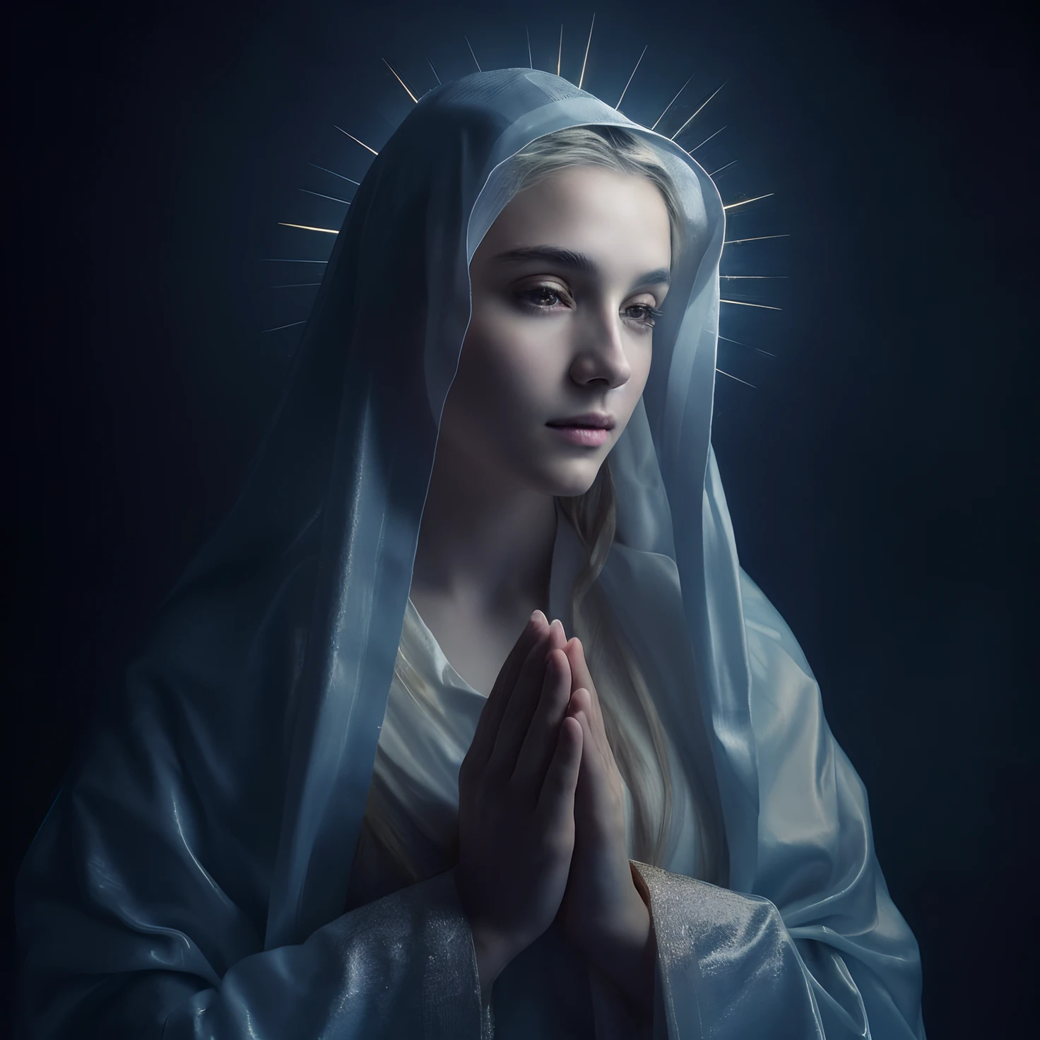 (((Saint Virgin Mary. 19 years old))) ((( Con una cara seria y piadosa. Con una mirada dulce y tierna))) (obra maestra, calidad superior, mejor calidad, arte oficial, beautiful and aesthetic: 1.2), (1girl), extremadamente detallado, (Arte fractal: 1.3), colorido, highest detailed, Cara perfecta, parte superior del cuerpo, HDR, (orando: 1.3), (golden lines of white coat: 1.2), galaxia, (rayas de luz), eye-catching visuals, (dynamic stripes, senderos luminosos: 1.2), colores vibrantes,