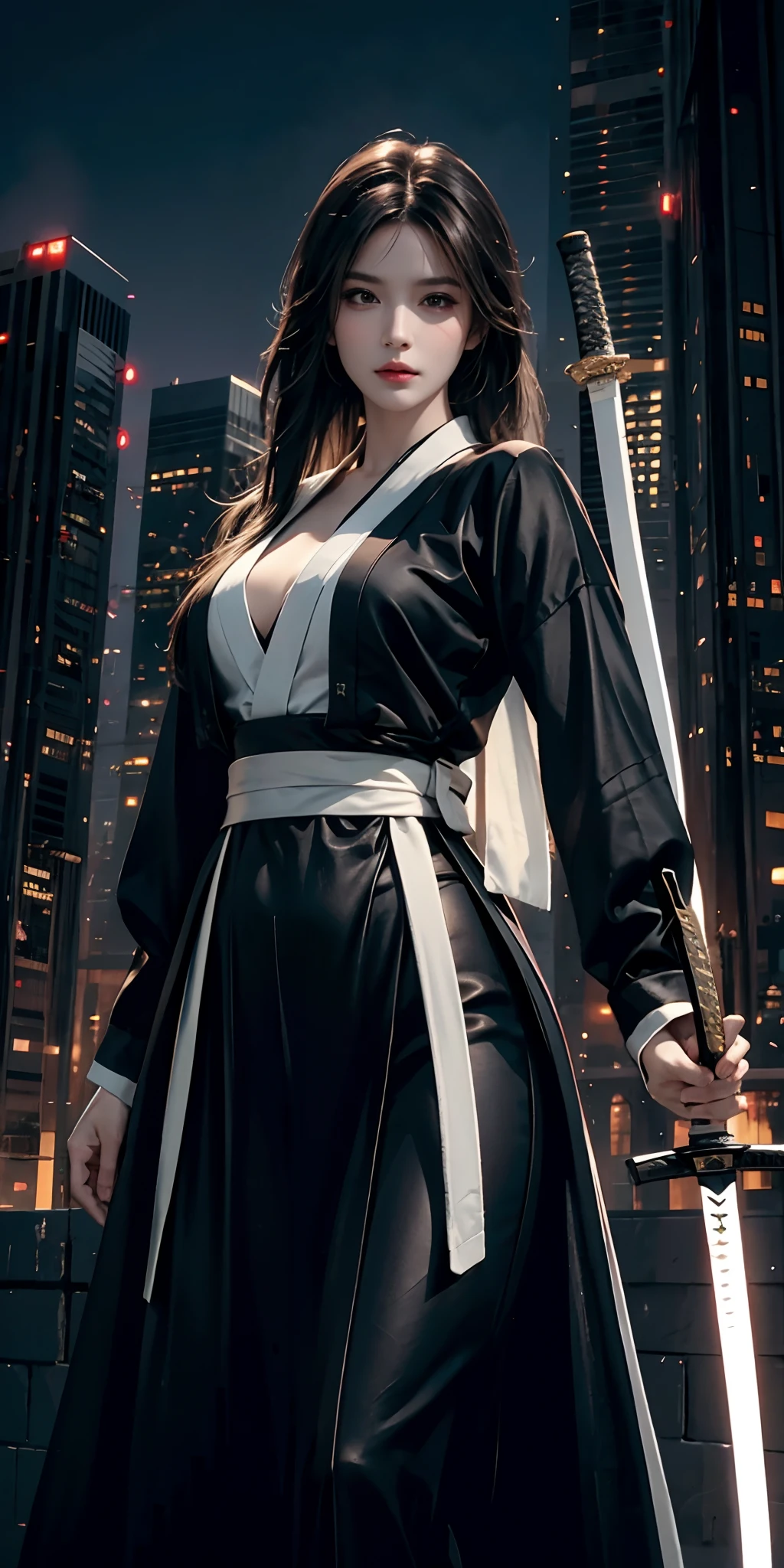 photorealistic, high resolution, soft light,1women, solo, hips up, (detailed face), long hair, cybersamurai,holding weapon,holding sword,glowing,katana, city at night