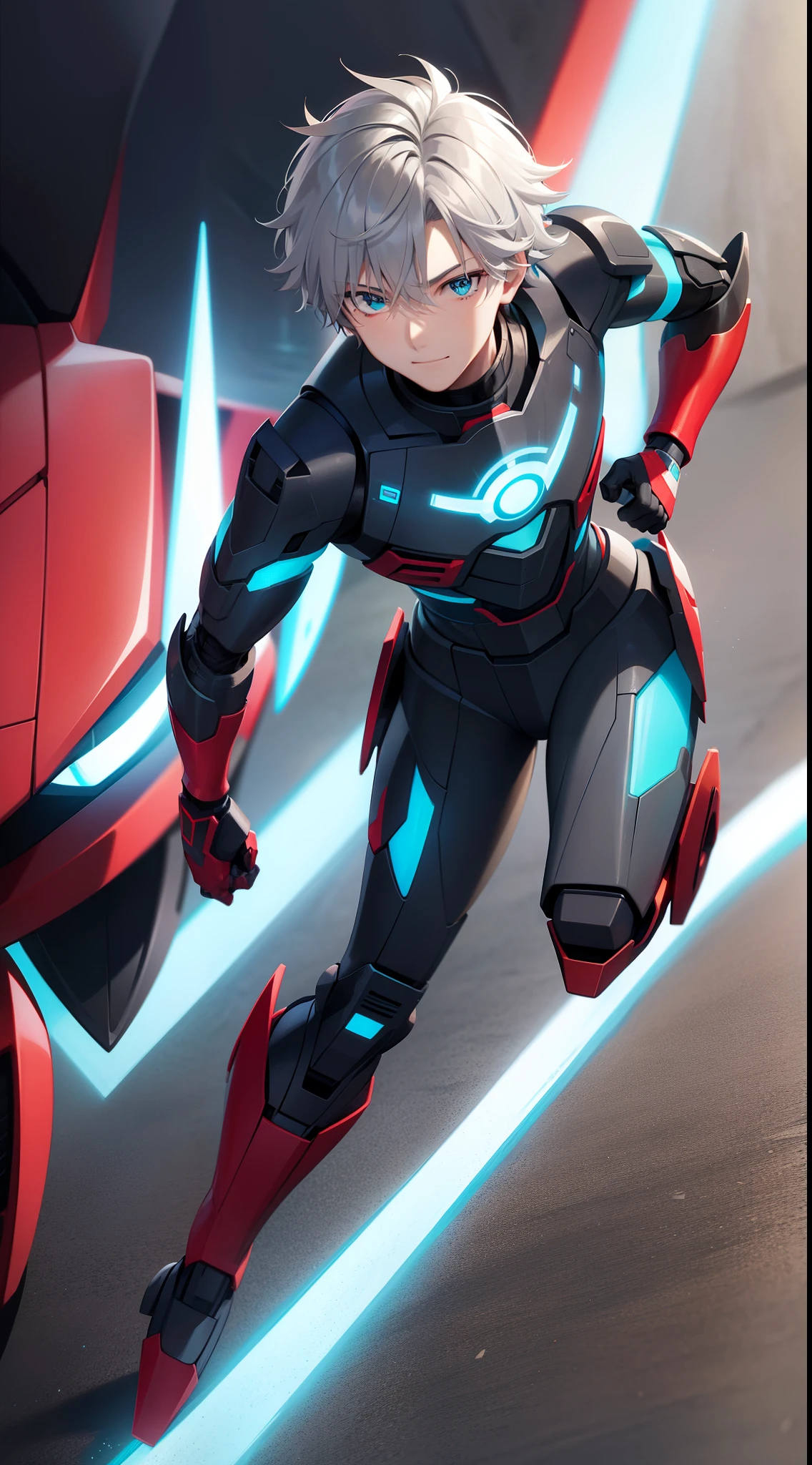 Young guy, short gray hair, Cyan eyes, Autobot's red armor, running, ssmile, Masterpiece, hiquality