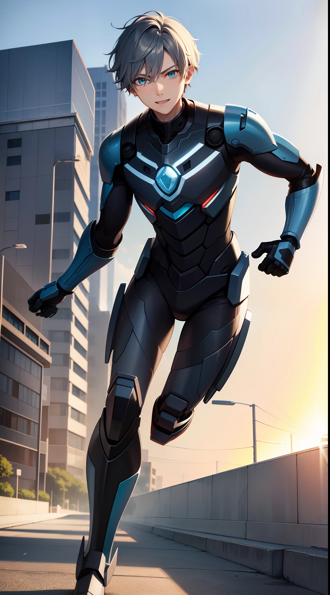 Young guy, short gray hair, Cyan eyes, Autobot's red armor, running, ssmile, Masterpiece, hiquality