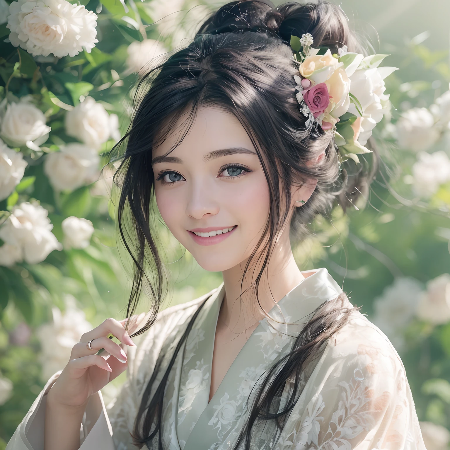 Fantine Halduin, Smile, Woman in wedding white kimono、1girl in, 二重まぶた、Beautiful realistic European、Green black hair、A little blonde、poneyTail、up of face