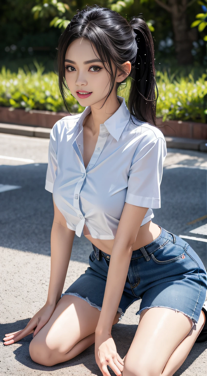 A girl, kneeling on the playground after school, (full body visible)), away from the audience. She is a beautiful, pretty, cute, cute, young, teenager. She is slim, slender, petite, thin, (big breasts), (big breasts), (big breasts). She was sweaty, wet, and drenched. The clothes are transparent, there is sweat on the skin, and the hair is wet. She grinned and smiled. She looks natural, relaxed and unpretentious. Scheming face. Make faces. (sticking out his tongue), telling a secret, hiding a secret, shyness, excitement. She stared at the audience. She wears a black ponytail. She wore a school uniform, a rolled up white shirt with a blue collar, a colored corduroy sports bra under the shirt, blue shorts, and two layers. Shirt lift,. Camera focused on her face, light shining on her face, very large aperture, ((f/1.2)), shallow depth of field, strong blur in background lens, ISO 3000, auto white balance, extremely detailed, professional lighting, soft light, raw photos, Uniqlo fashion models, best quality, masterpiece, award-winning photography, huge file size, 8k, high resolution, shot on Sony DSLR.