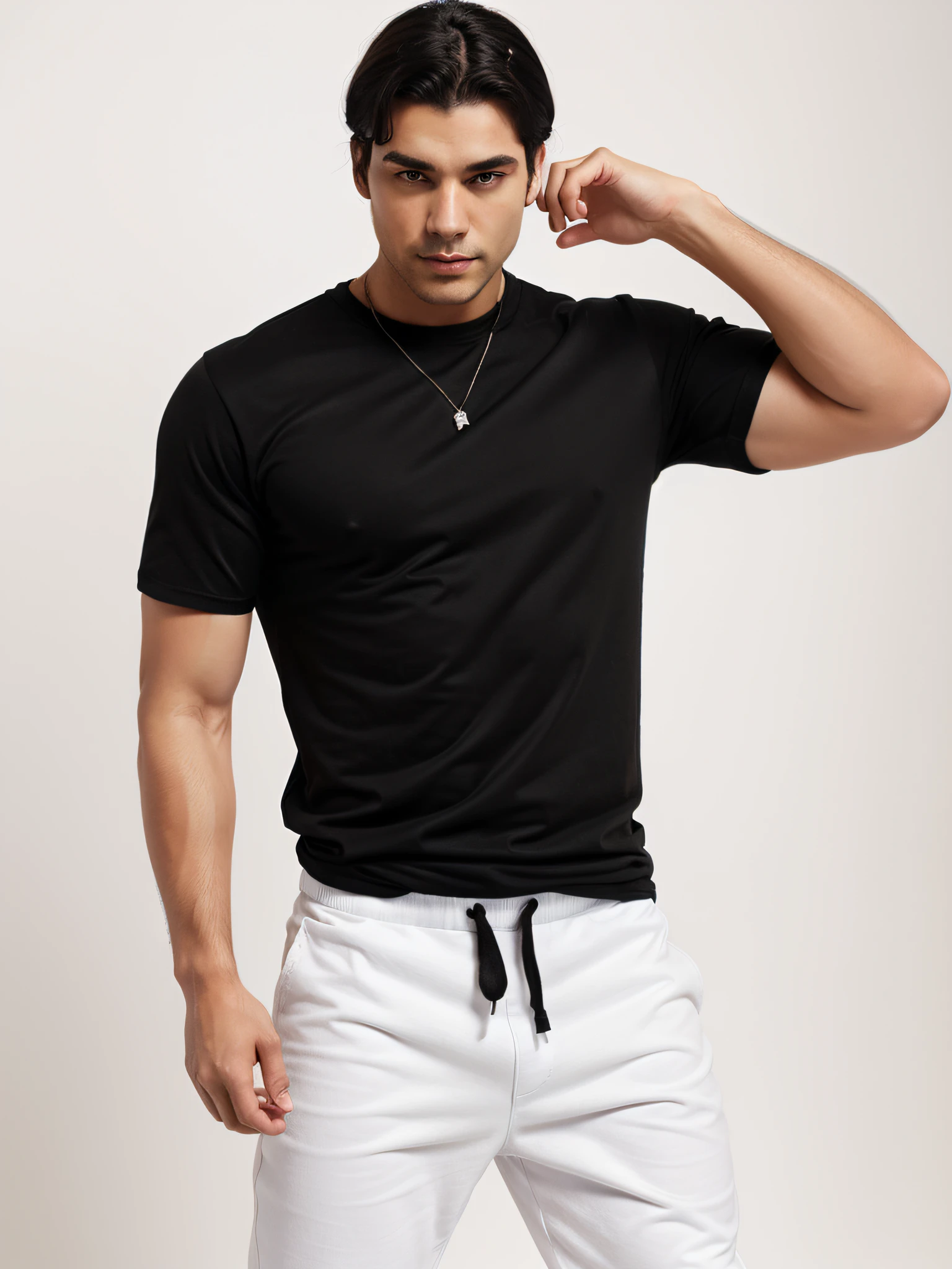 Strong brunette man wearing black t-shirt, hip hop style, with black hair, trendy pose, realistic image, white background, no background, full body image