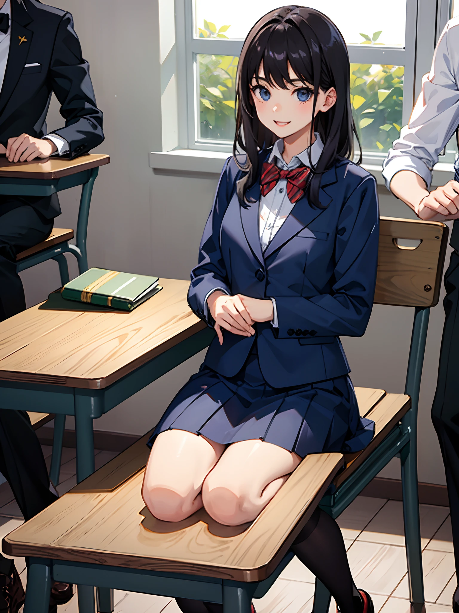 Boy and girl sitting at a table for a group photo，They are partying，in class room，But a slight smile can be seen，Student appearance，