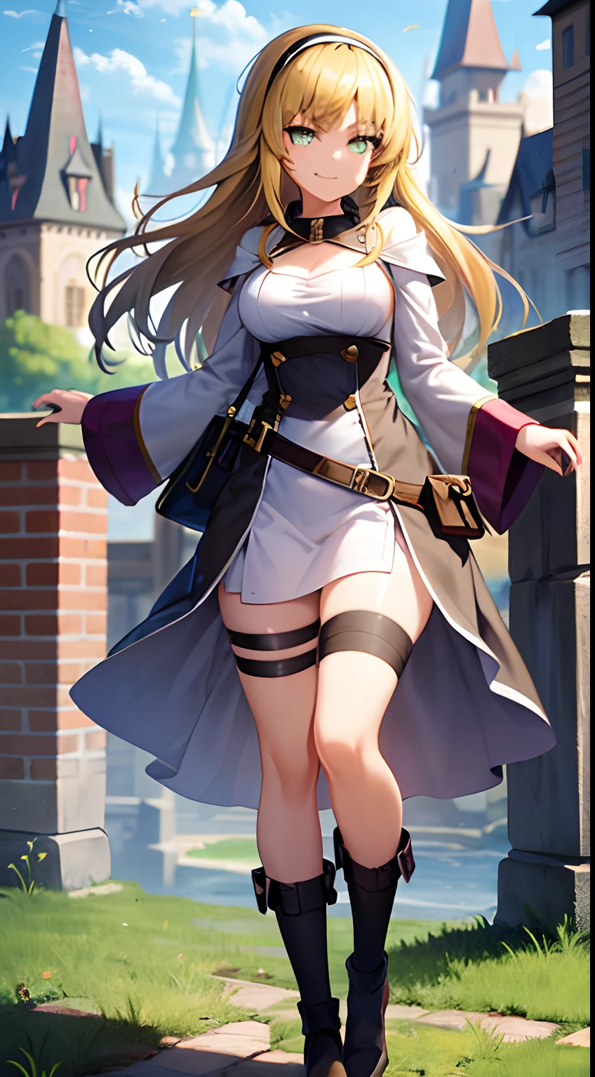 1girl, blonde hair, green eyes, long hair, black hairband, fang, smug, fantasy, castle, sunny day, short dress, full body