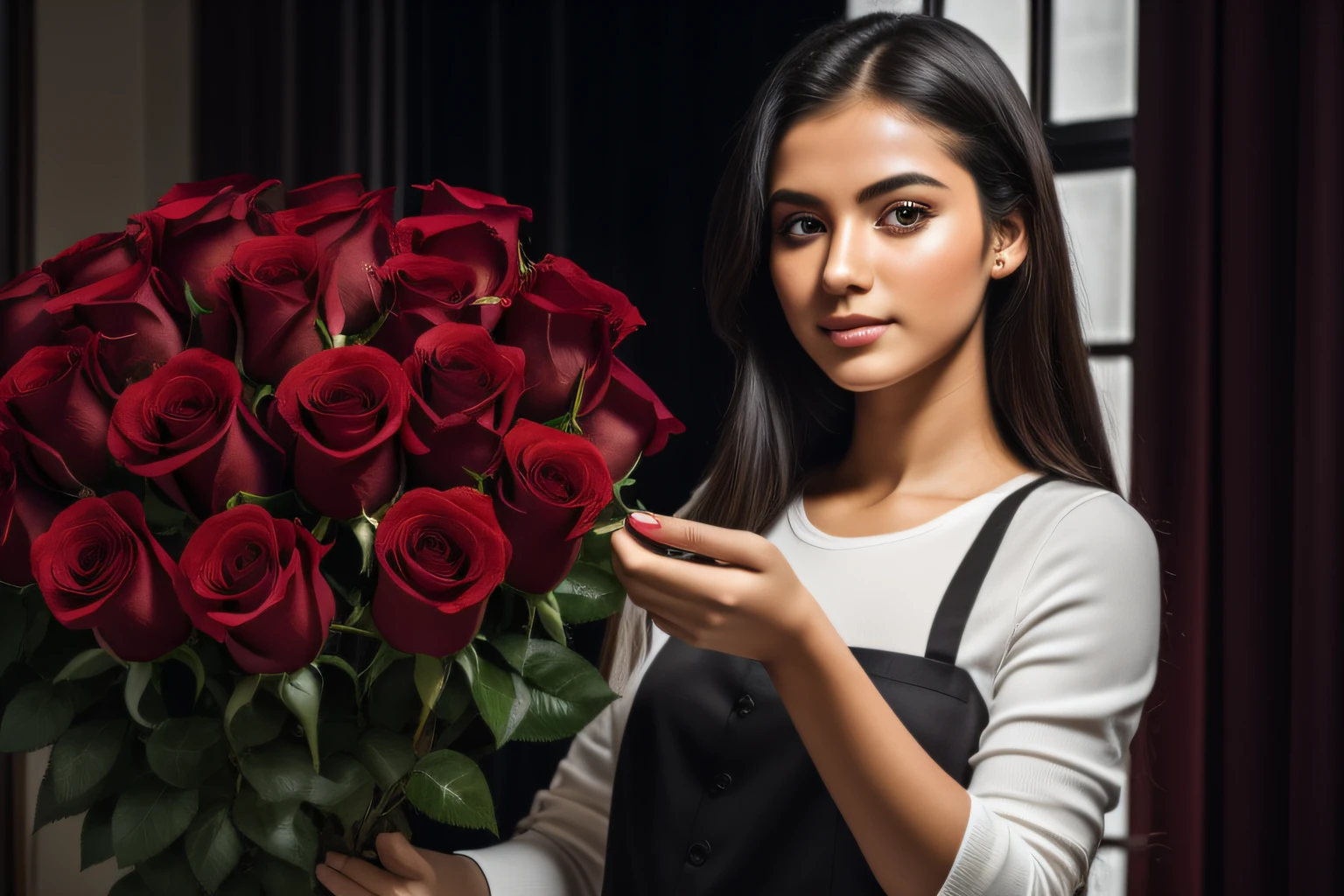 The girl holds meter-long red roses in her hands (8k, photo in RAW format, photorealestic: 1,25)
