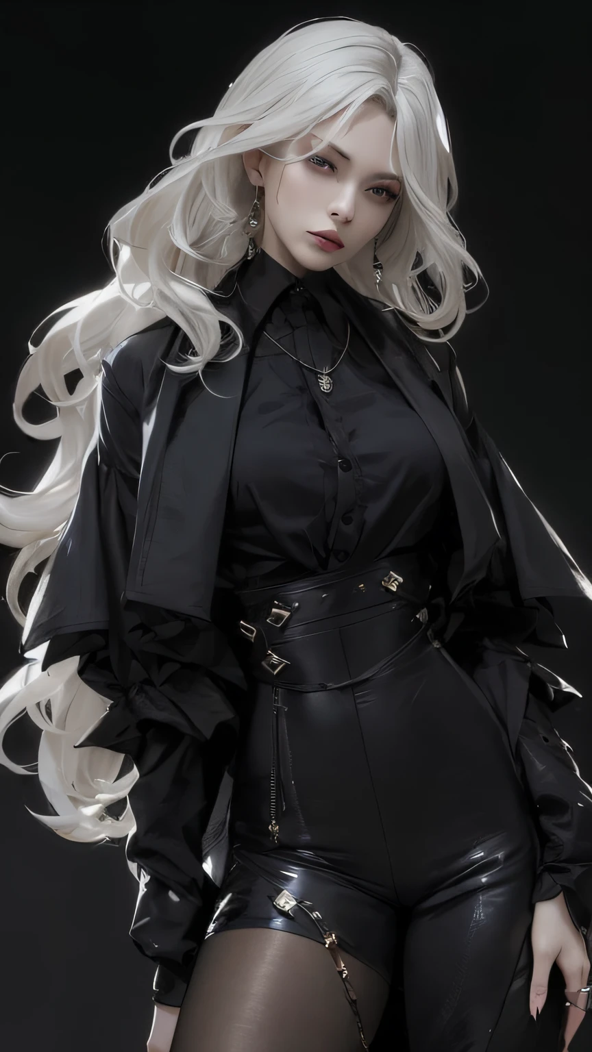 Close-up of woman in black outfit, posing for photography, fashionable dark witch, stunning character art, ross tran style, epic exquisite character art, detailed anime character art, 8K character rendering, 8k high quality detailed art, with long gray hair, highly detailed character design