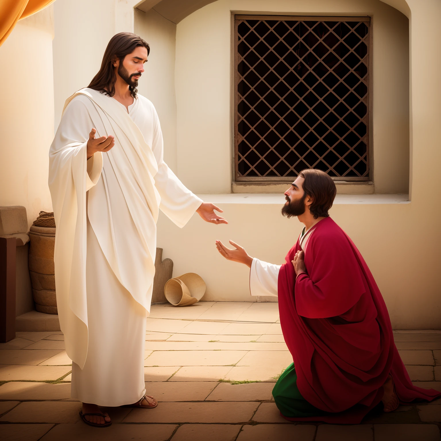 Jesus is standing in front of a man on his knees, Jesus Standing, homem de joelhos na frente de jesus