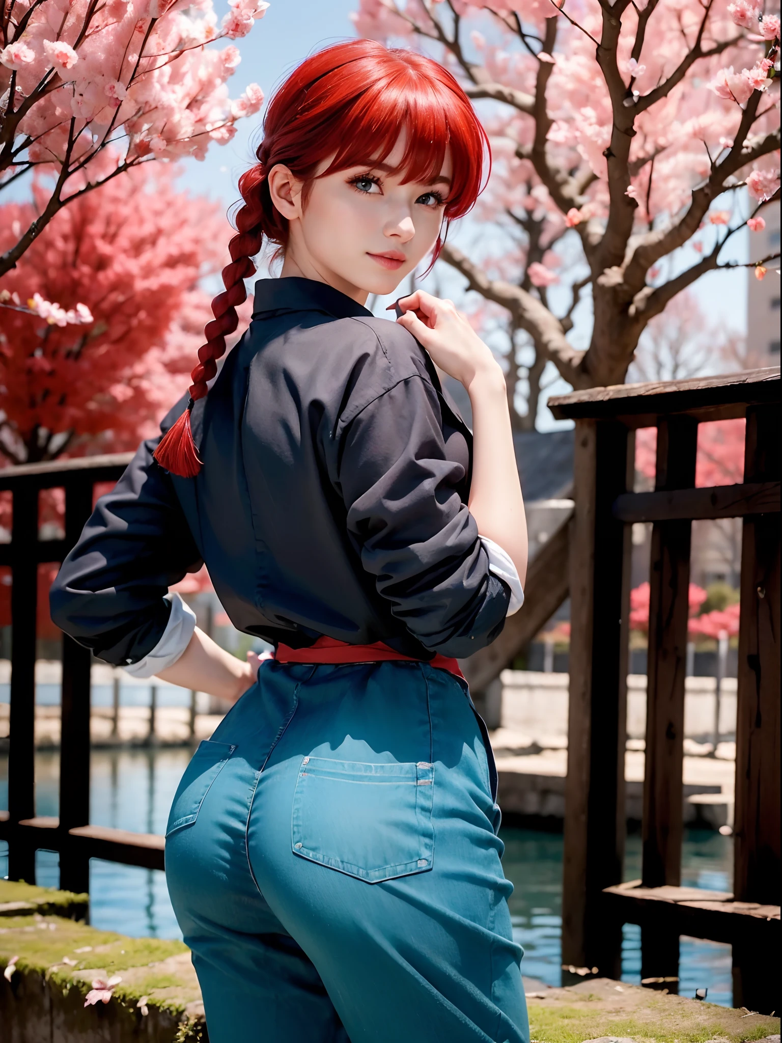 (masterpiece, best quality:1.4), (standing:1.5), (from behind:1.2), 1girl, ranma-chan, (1girl), solo, blue eyes, (red hair),  bangs, tangzhuang, braided ponytail, sleeves rolled up, black pants, black footwear, on a chinesse garden with sakura trees, a bridge and water, looking at viewer, sexy smile, beautiful face, highly detailed face, highly detailed eyes, highly detailed skin, skin pores, subsurface scattering, realistic pupils, full face blush, full lips, detailed background, depth of field, volumetric lighting, sharp focus, absurdres, realistic proportions, good anatomy, (realistic, hyperrealistic:1.4), 16k hdr,