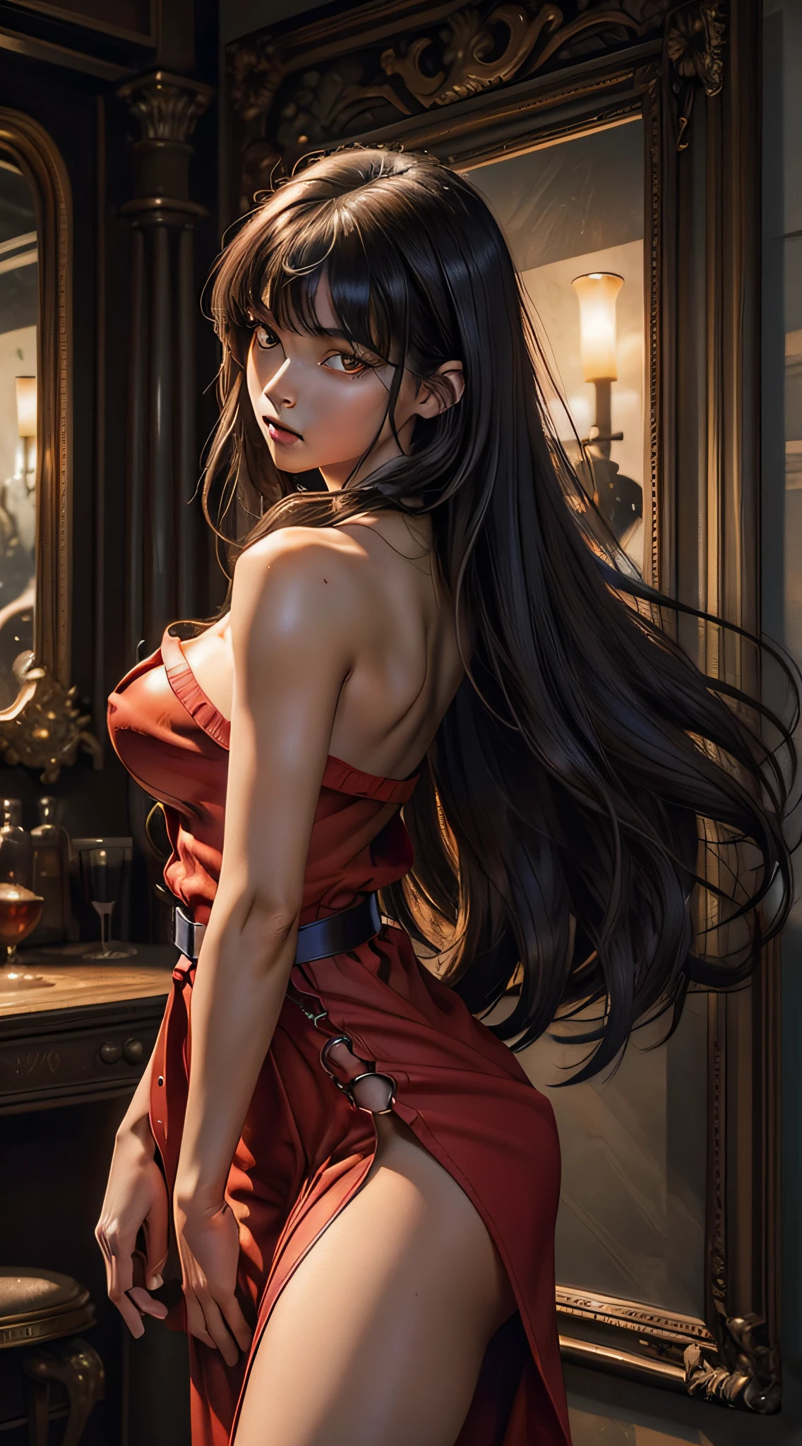 ((masterpiece)), ((best quality)), (ultra detailed), ((extremely detailed)), 1girl, ((red eyes)), detailed eyes, beautiful eyes, black hair, very long loose hair, bangs, shiny hair, skin texture, glowing skin, extremely detailed skin, big breasts, small waist, wearing (((red strapless plain dress with side slit at bottom))), ((brown wide belt))) ,image with ((depth of field)).