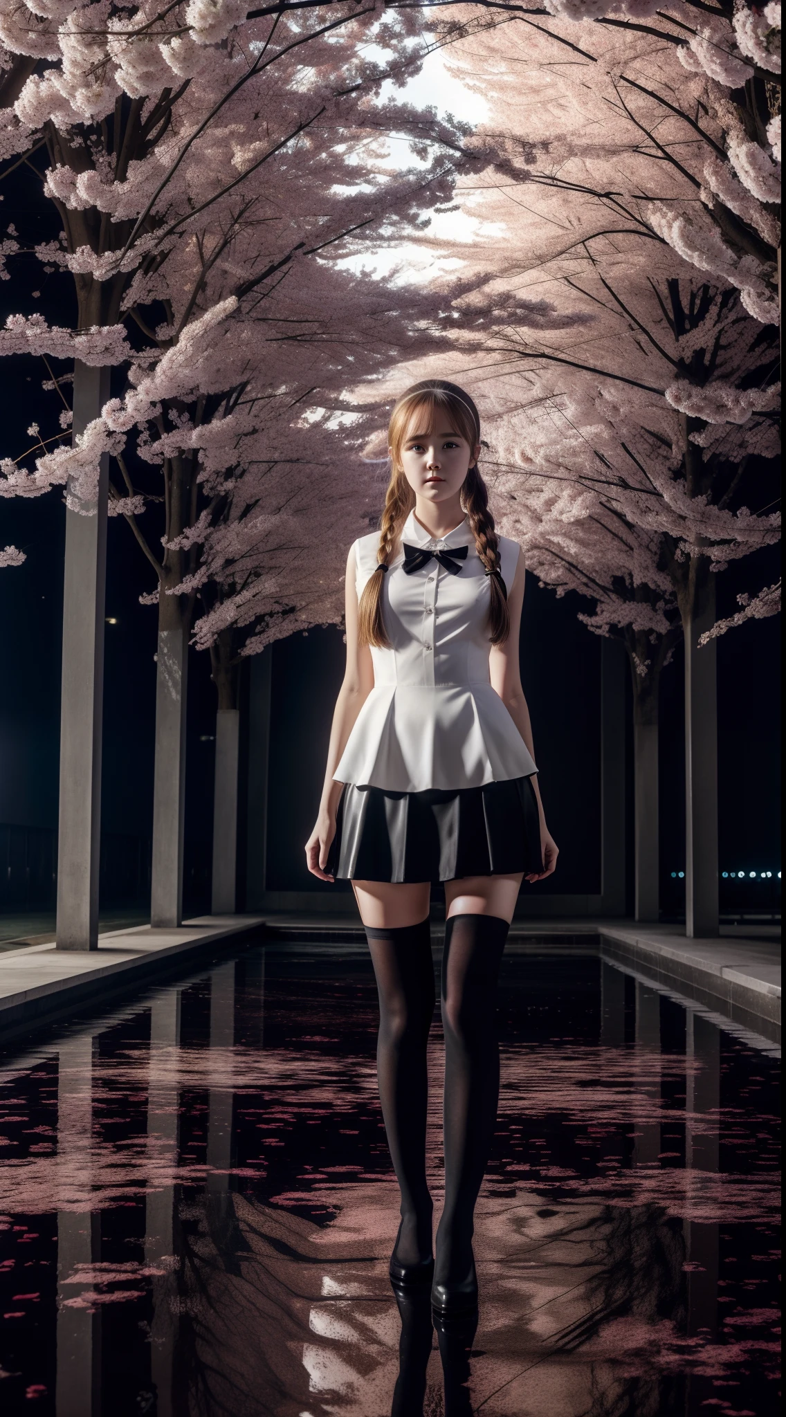 Beautiful young Kathryn Newton, glasses, white dress shirt, large neckline, black dress mini skirt, dark tights, high balance, hyperrealistic, , model body, big breasts, beautiful breasts, big hips, long hair, ponytail -horse, blonde hair, long legs, 8k, FUTURISTIC CITY, cherry blossom, sunrise, led lighting, blood on wall, pool of blood, full of human remains, detailed reflection, anime style, sad