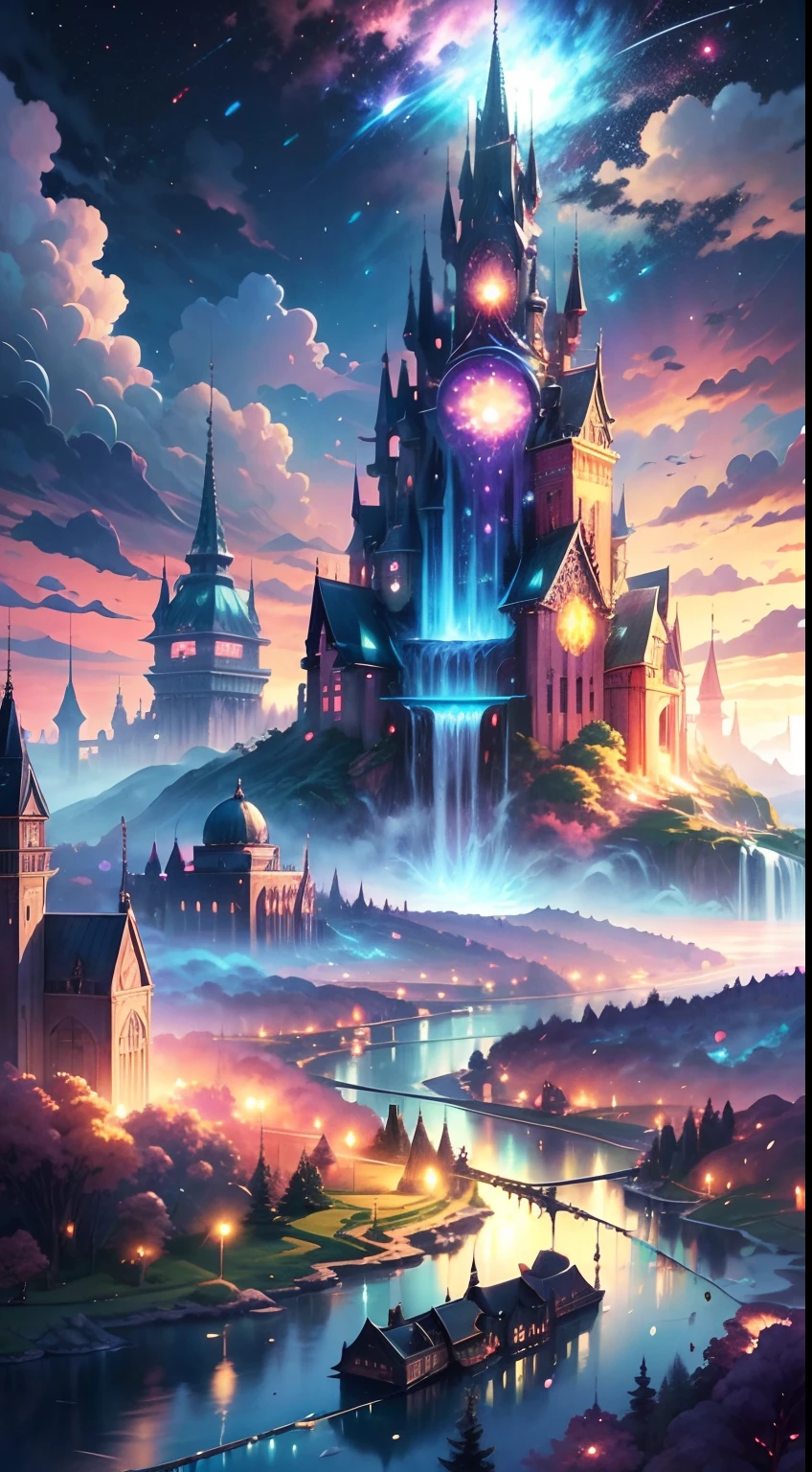 Envision a mesmerizing scene of a romantic realm of vibrant dreams. The environment is filled with intricate floating islands, fluffy clouds, waterfalls cascading from the floating islands, and a vibrant, surreal atmosphere. The atmosphere is filled with a sense of wonder and tranquility. Include many shades of pink in the image along with other vibrant jewel-toned hues. This scene will be depicted in an anime-style illustration, with soft lines, pastel colors, and a whimsical touch. All buildings are extremely detailed and elegant. The artwork will capture the ethereal beauty and tranquility of the dreamlike realm, creating a sense of harmony and escape from the ordinary world. Include teal water, colorful watercolor skies, glowing elements, and many small fantasy details including iridescence, expertly created majestic landscapes, and shimmer and glimmer. Above all else, this should look like a fantasy artwork.