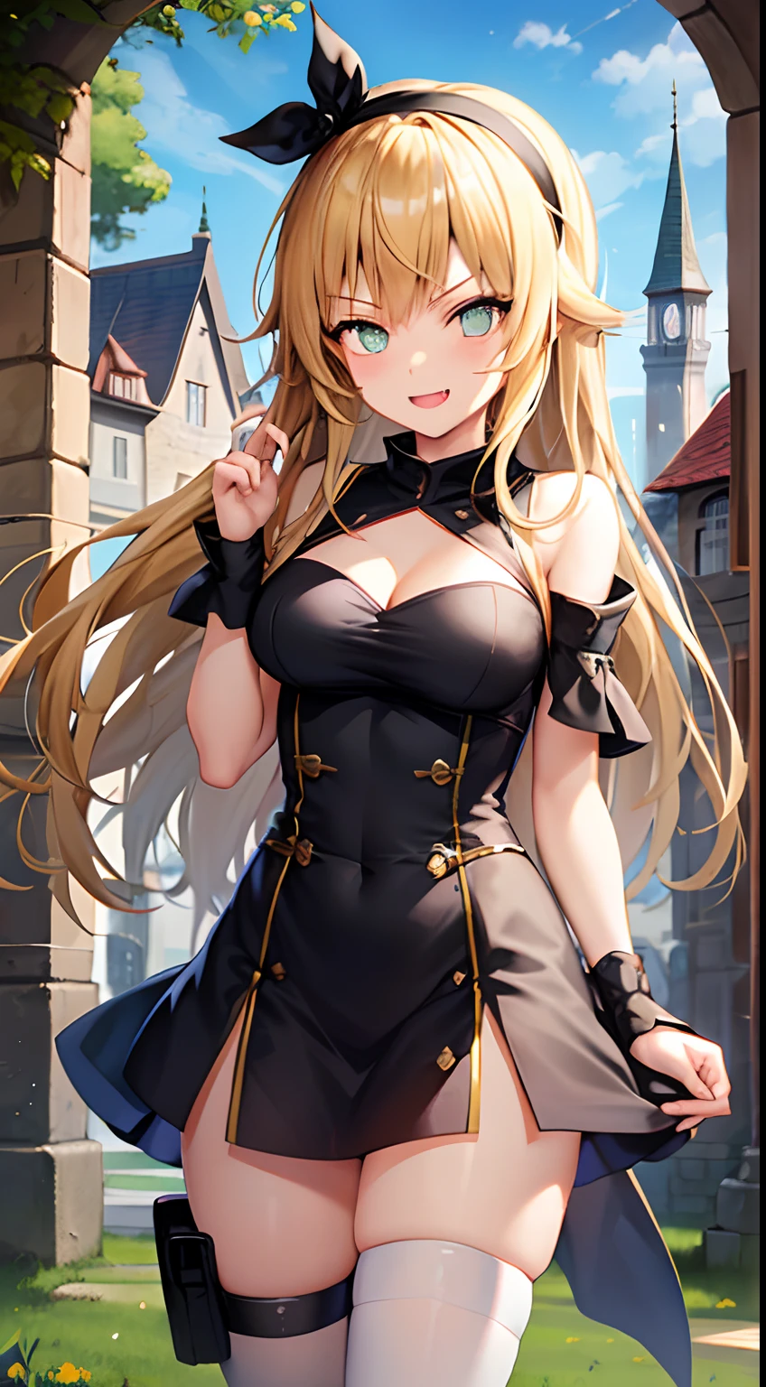 1girl, blonde hair, green eyes, long hair, black hairband, fang, smug, fantasy, castle, sunny day, short dress, full body