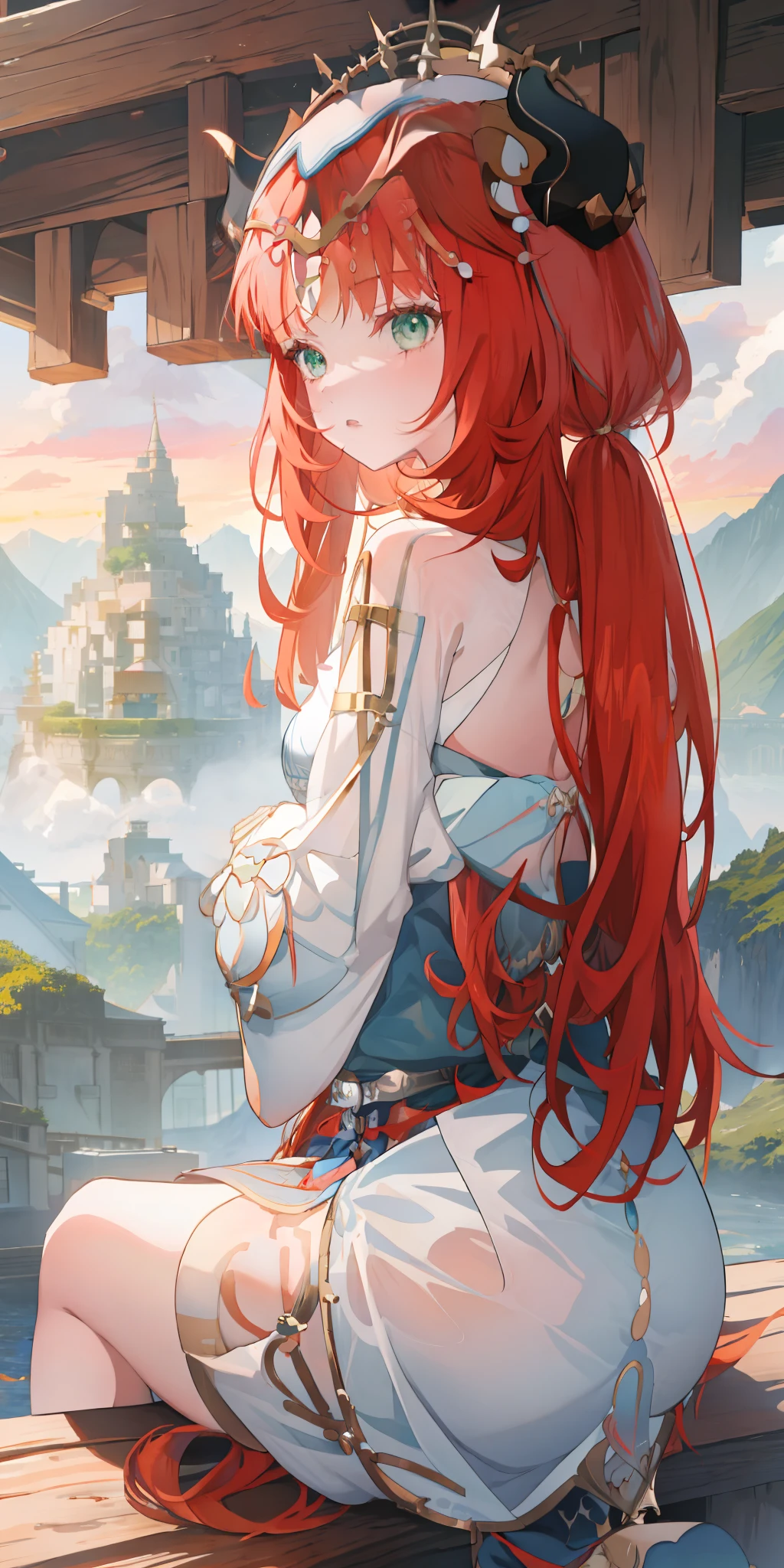 anime girl with red hair sitting on a wooden platform looking out over a mountain range, red waist-long hair, 4 k manga wallpaper, anime girl with long hair, rias gremory, flowing hair and long robes, with red hair, clean detailed anime art, anime art wallpaper 8 k, anime art wallpaper 4 k, anime art wallpaper 4k, hairband, blue bowtie, light, green eyes, hair ornament, hairband,