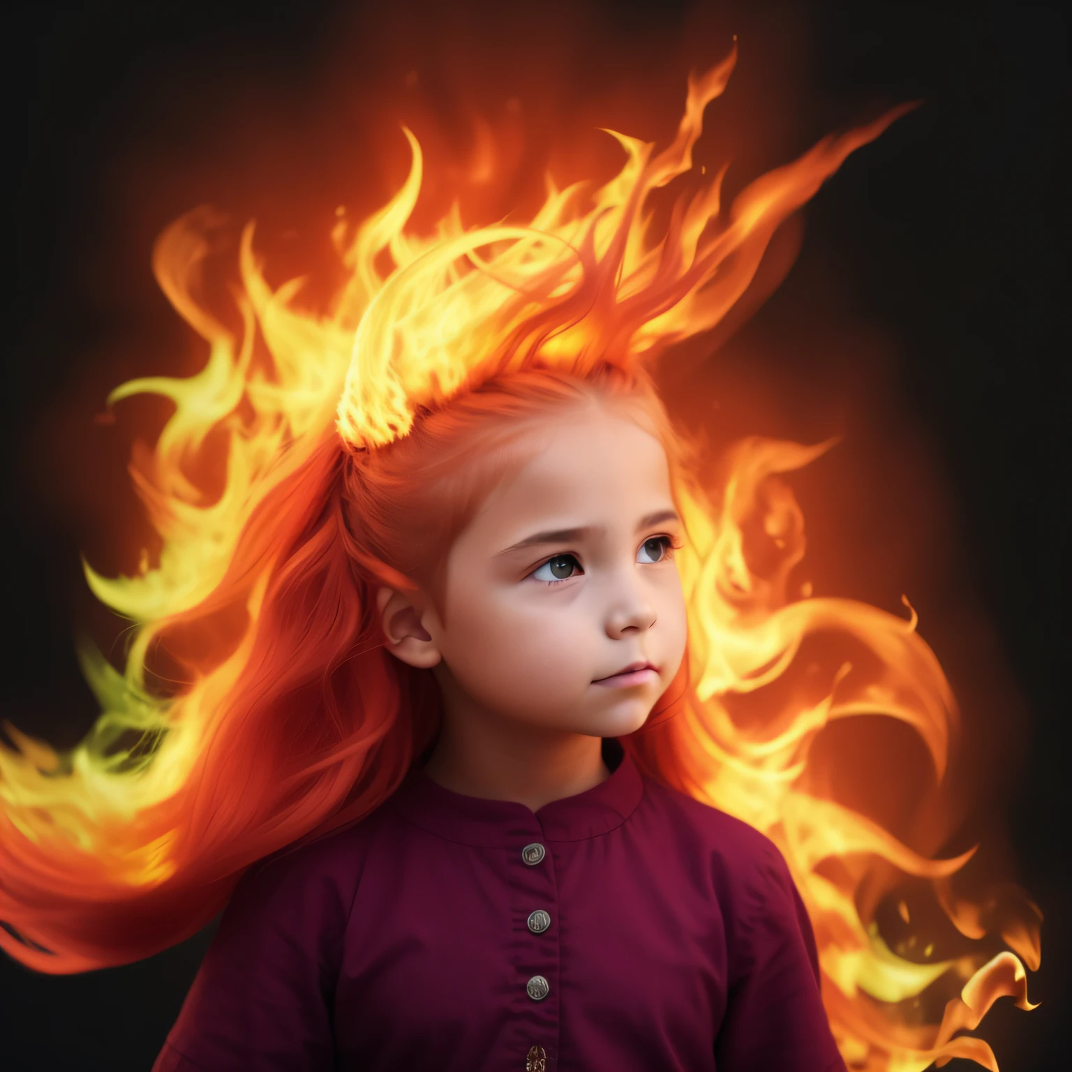 Image of a girl with a fire on her head, her hair is made out of fire, cabelo feito de fogo, cabelos flamejantes, cabelo de fogo, her hair is on fire, Ela tem poderes de fogo, cabelo como fogo, cabelos longos de fogo, usando chamas tumultuosas, fire and flames mane, chamas a cercam, crimson fire head, fiery coloring