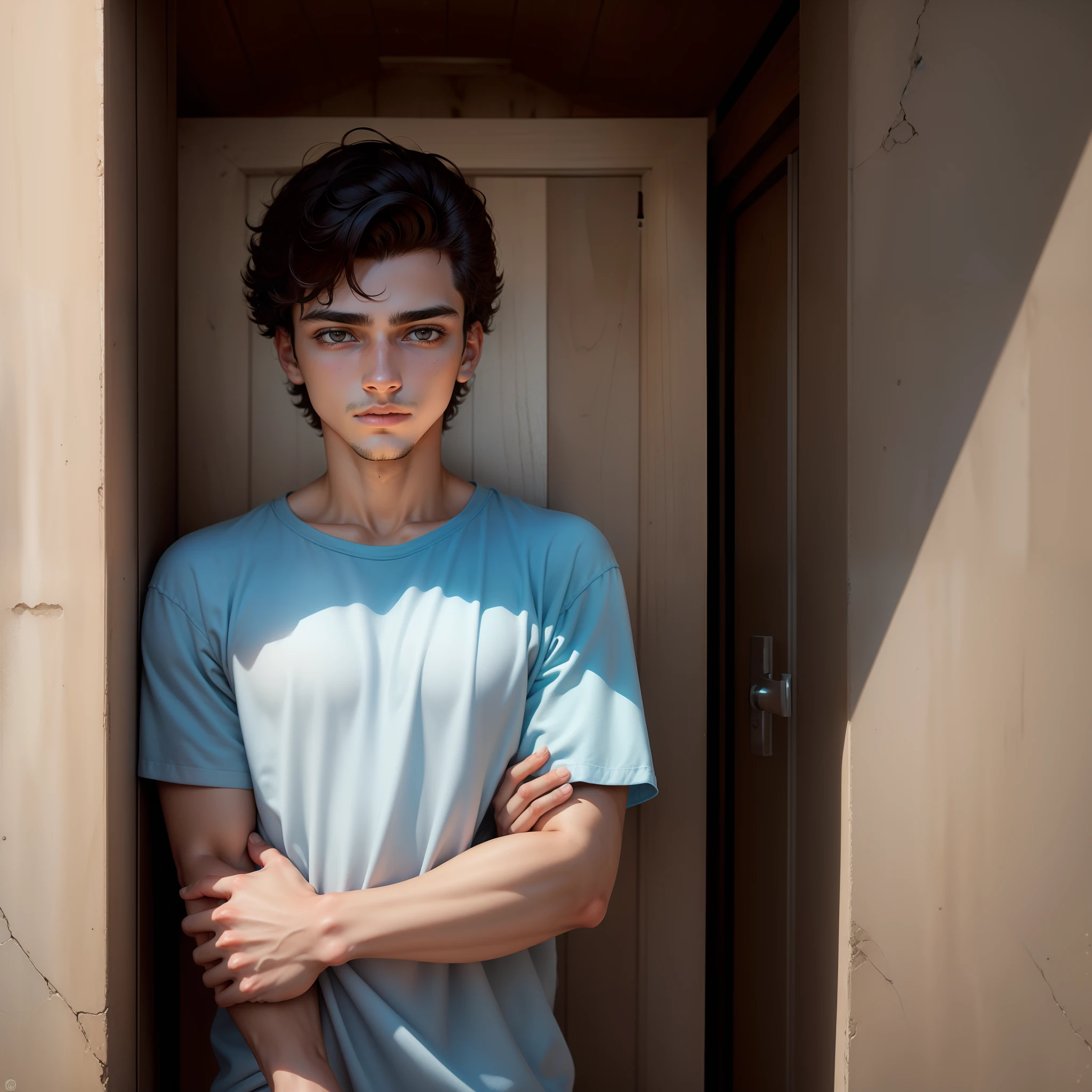 homem jovem de 18 anos na frente de uma porta olhando para frente retrato